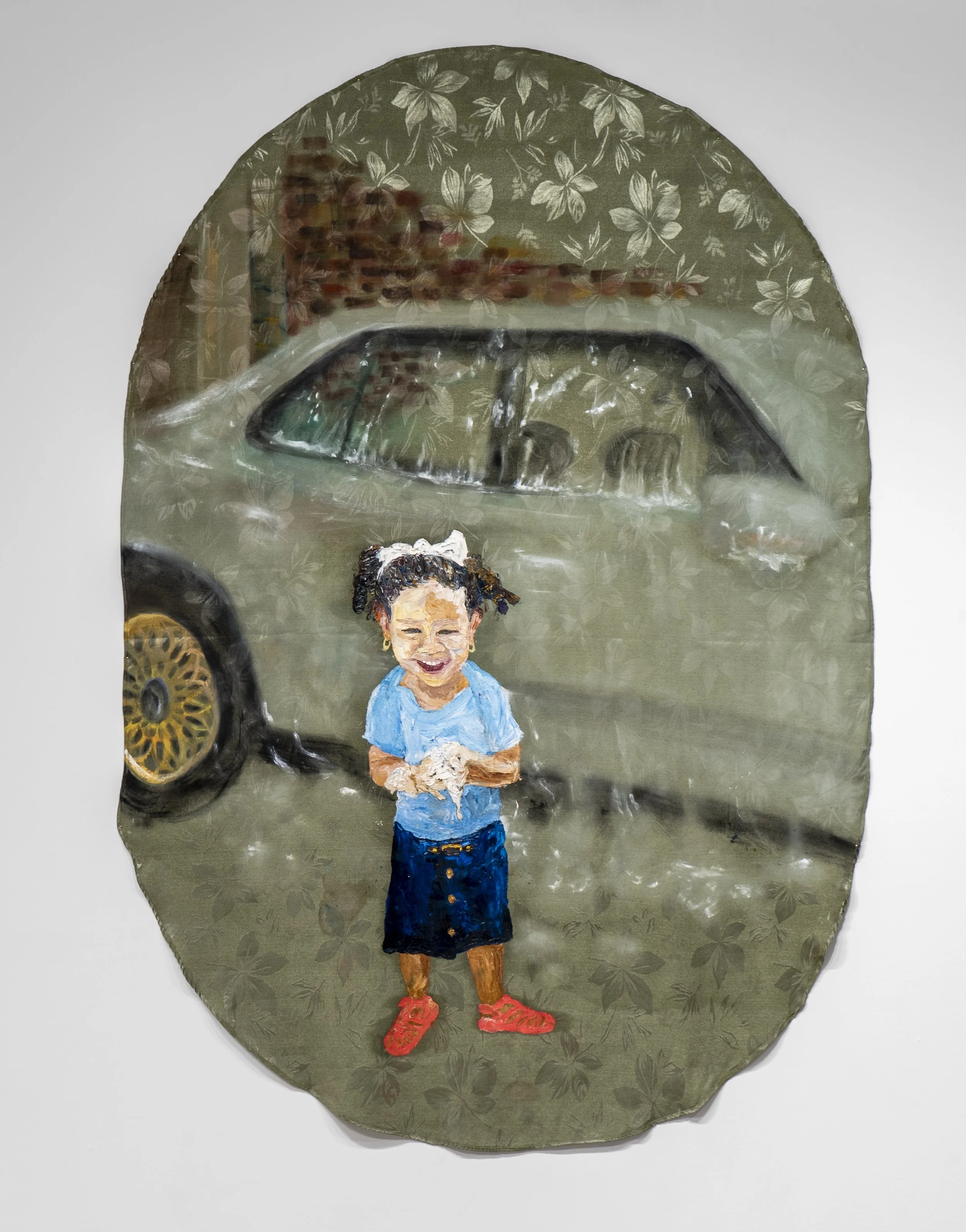 Wash Away, 83in x 56in, acrylic medium and oil paint on thrifted table cloth, 2024