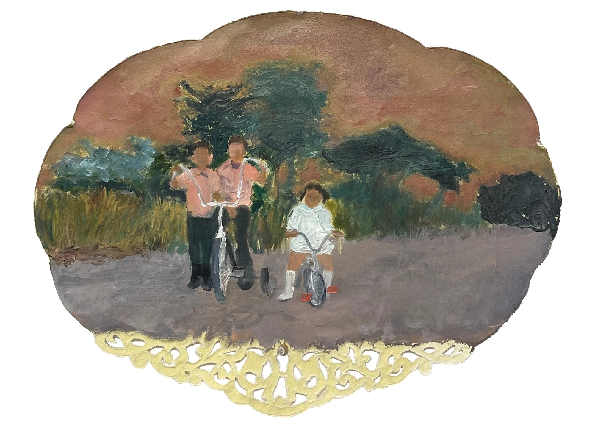 We Ride at Dawn, 14in x 18in, oil on cotton placemat, 2023