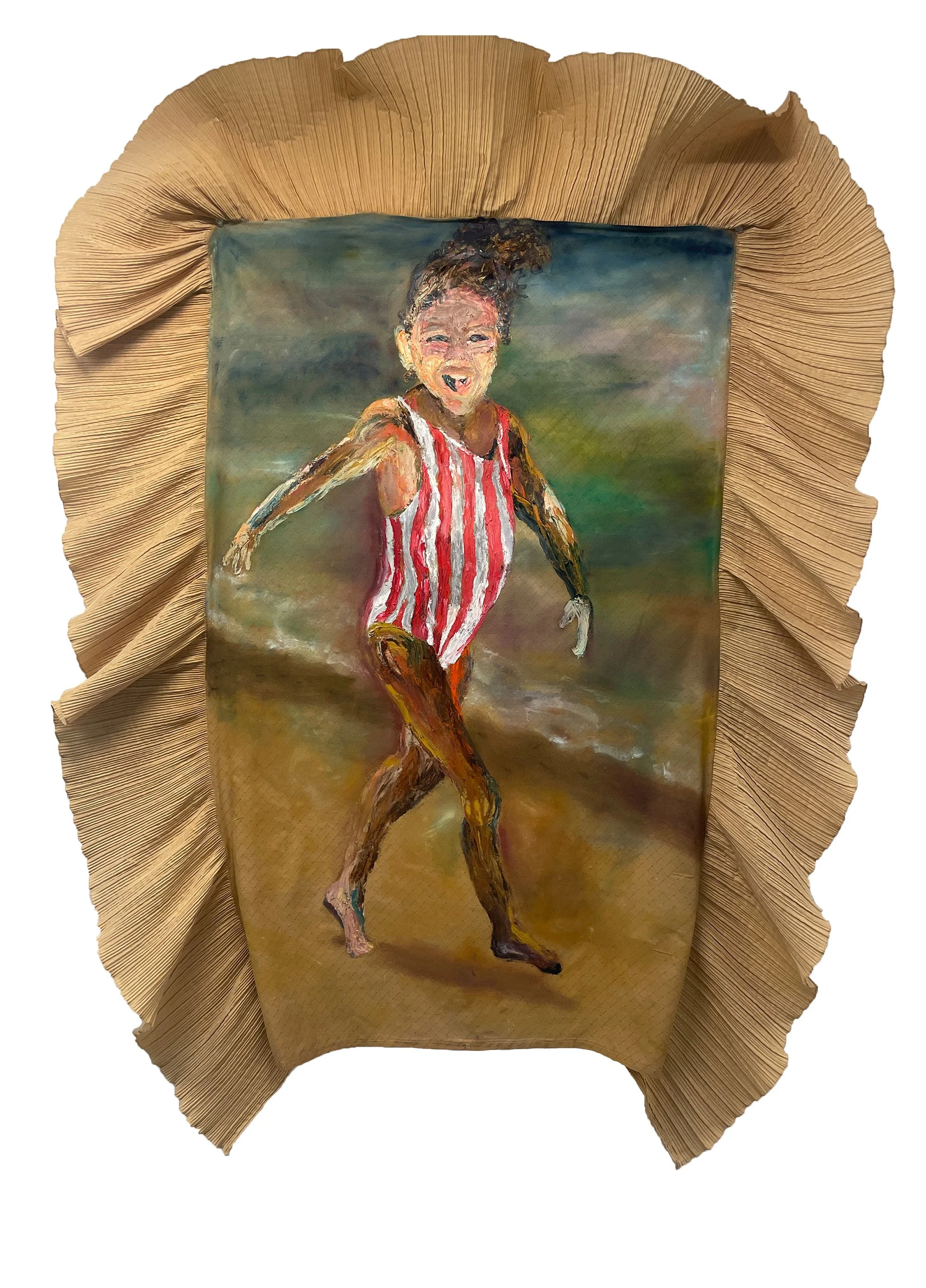 Birth of Venus Baywatch Baby , 90in x 72in, oil paint and acrylic medium, on thrifted cotton bedskirt, 2023