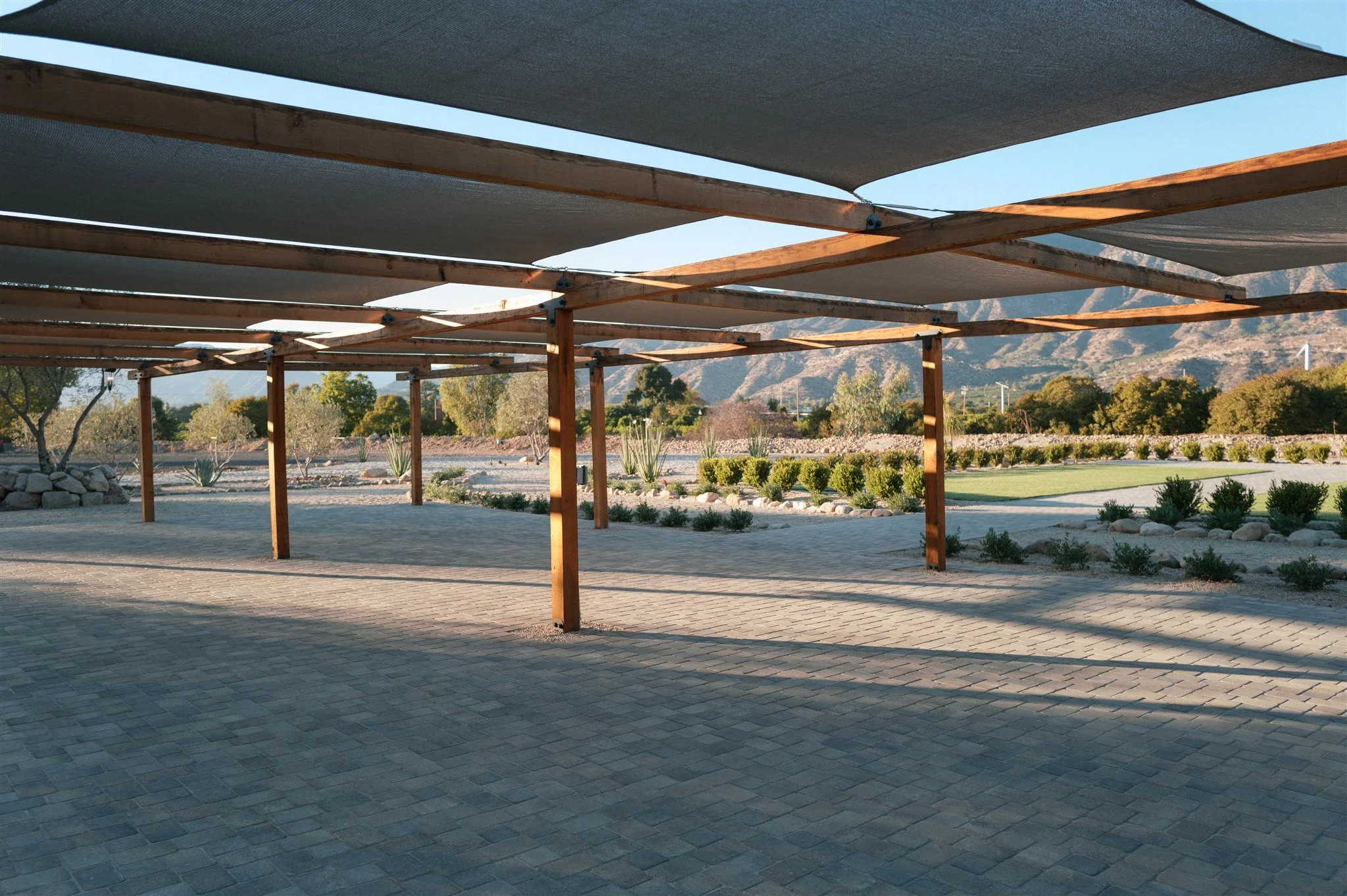Rustic Pergola embracing Ojai's nature's beauty and providing shade for our guests
