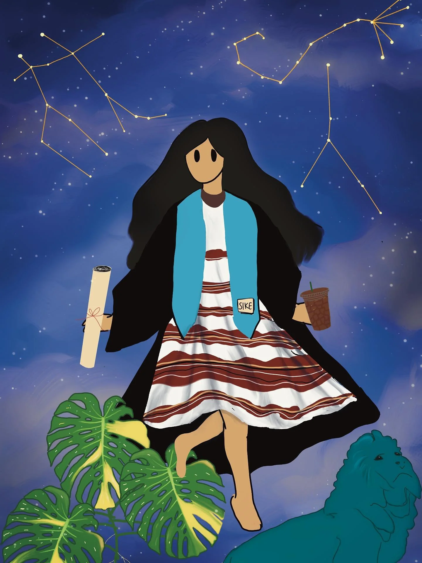 The World (tarot comic version) vs instagram crop 

The constellations are 

Air- Gemini to the left
Water - Cancer and Scorpio to the right. 
Earth - Thai constellation monstera 
Fire- hmm that lion looks familiar to me

This is one of the final une