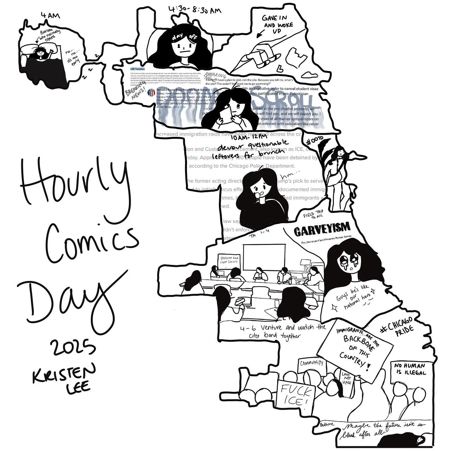 Hourly comics like a month late 😭😭😭😭 sORRY 

Day in the life of a barista who opens but has the day off, TA and most importantly a Jamaican who lives in Chicago 

#hourlycomicday #hourlycomicsday #hourlycomicday2025 #chicago