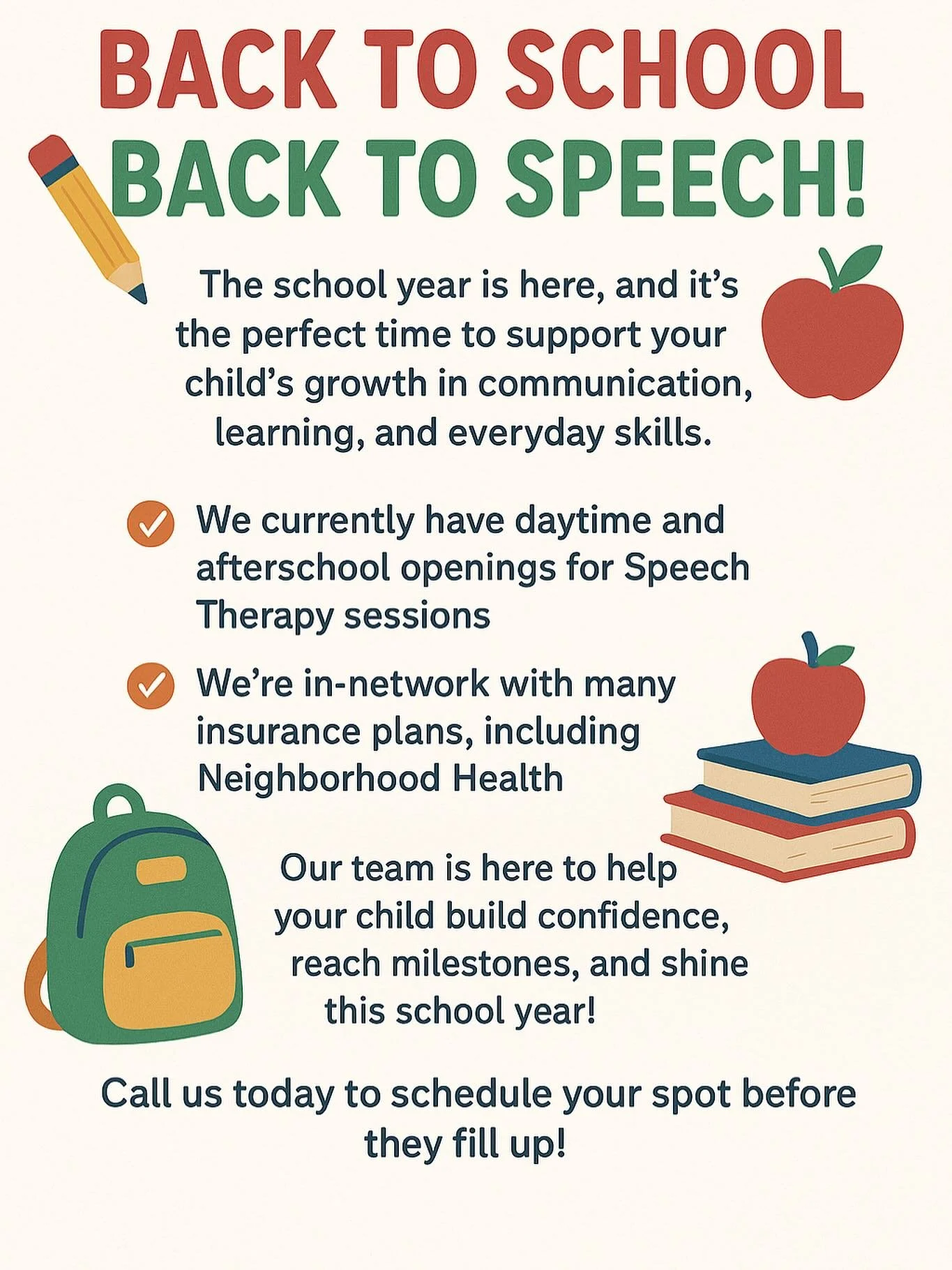 ✏️📚 Back to School, Back to Speech! 🍎✨

The school year is here, and it&rsquo;s the perfect time to support your child&rsquo;s growth in communication, learning, and everyday skills.

✅ We currently have daytime and afterschool openings for Speech 