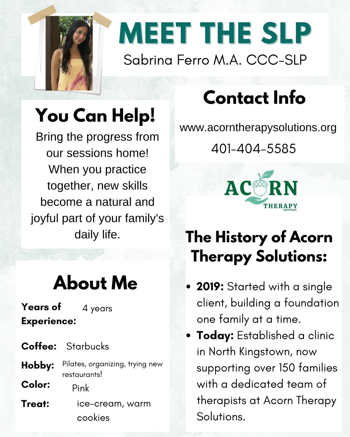 Need an ice-cream loving, Starbucks-fueled therapist? You've found her! π
A little bit about Sabrina:
Experience: 4 years
Coffee: Starbucks (the essential fuel!)
Treat: Ice-cream & warm cookies
Hobby: Pilates, organizing, & new restaura