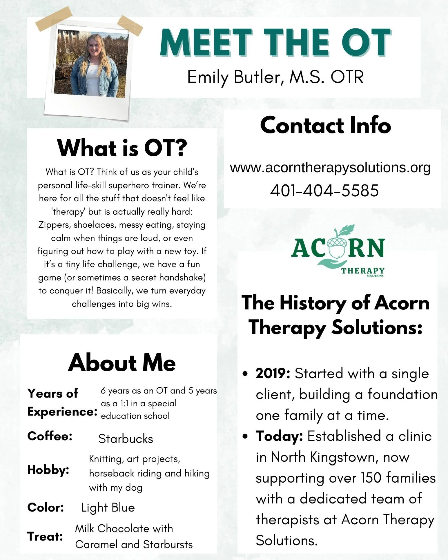Meet Emily the OT Superhero Trainer! 🦸&zwj;♀️
Say hello to Emily Butler, M.S., OTR! She's the amazing Occupational Therapist at Acorn Therapy Solutions.

Think of Emily as your child's personal life-skill superhero trainer! She helps with all the st