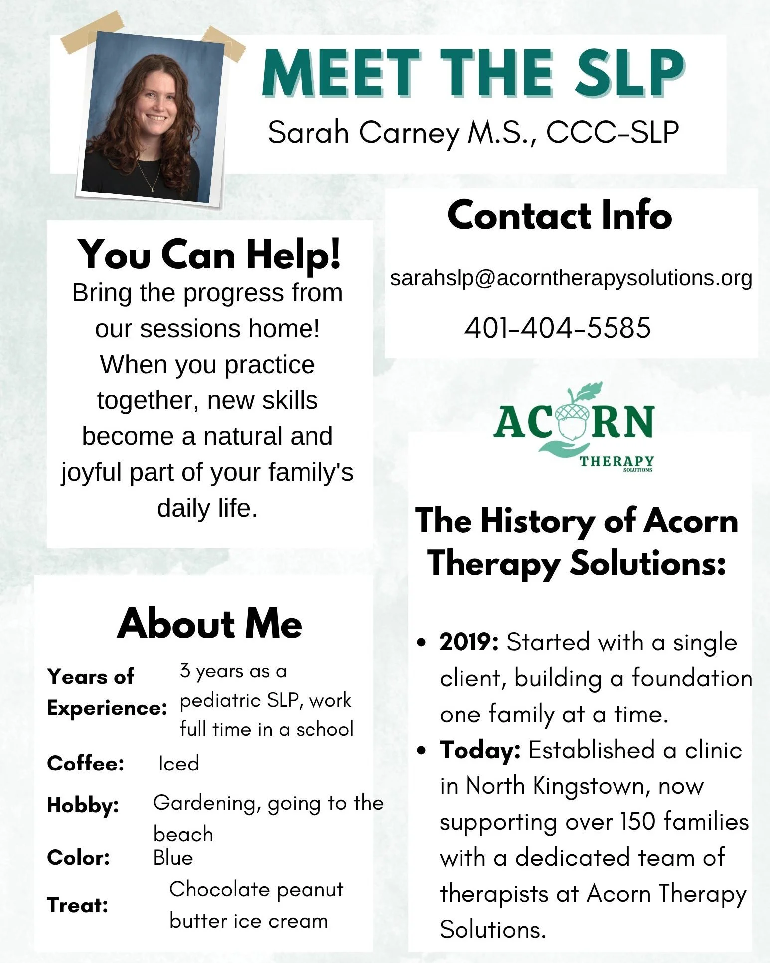 Meet Sarah: Our Iced Coffee Queen! 👑☕️
Time to meet another amazing Speech-Language Pathologist on the Acorn Therapy Solutions team: Sarah Carney, M.S., CCC-SLP!

Sarah has 3 years of experience as a pediatric SLP (and works full-time in a school, t