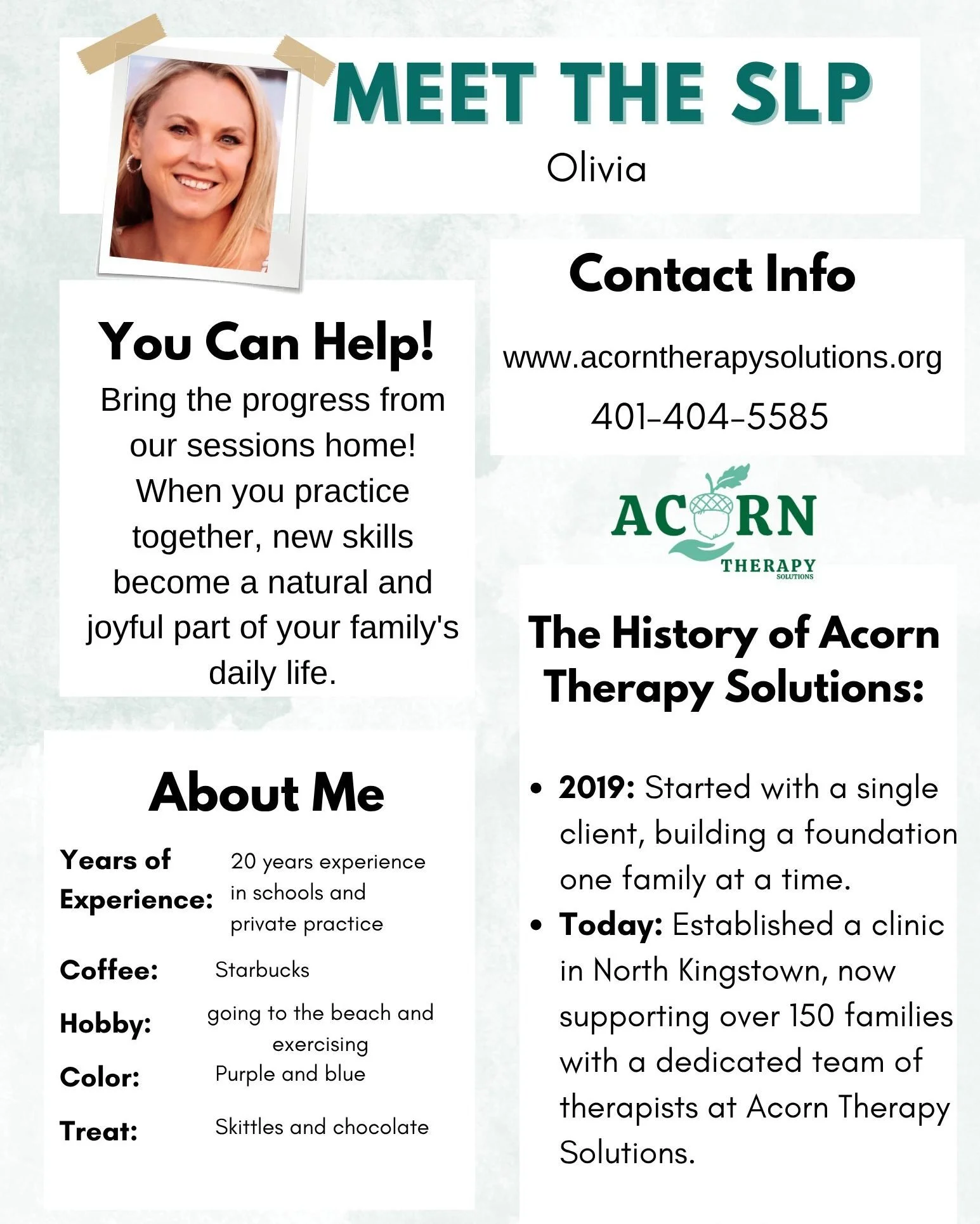 Welcome Olivia: Our Newest SLP Superstar! ⭐
Please join us in giving a huge, warm Acorn Therapy Solutions welcome to the newest member of our daytime speech therapy staff: Olivia!

We are absolutely thrilled to have Olivia bring her incredible 20 yea