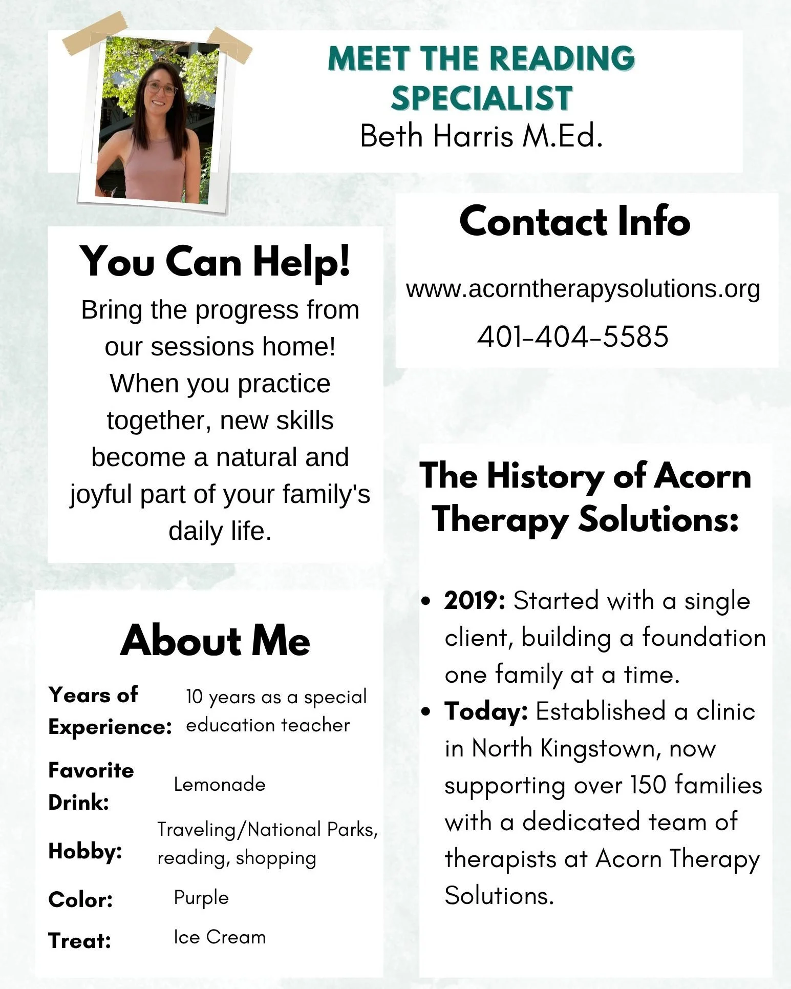 Get Ready to Read! Meet Beth, Our New Reading Specialist! 📚✨
We are absolutely thrilled to introduce the newest star on the Acorn Therapy Solutions team: Beth Harris, M.Ed., our amazing new Reading Specialist!

Beth brings 10 years of experience as 