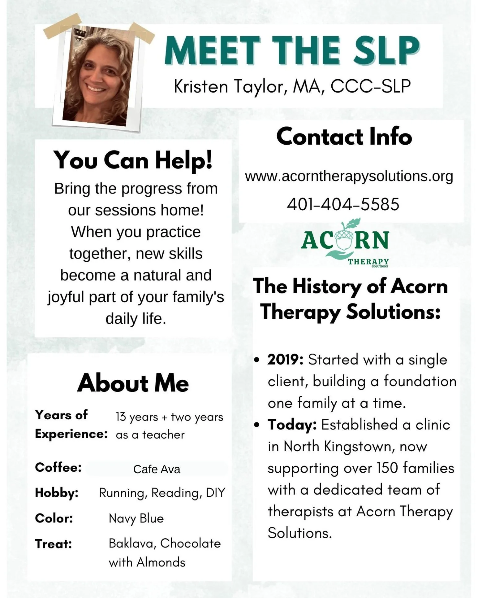 Meet Kristen Taylor: The Heart &amp; Founder of Acorn Therapy Solutions! 🌰✨
We're incredibly excited to shine a spotlight on the visionary behind Acorn Therapy Solutions: Kristen Taylor, MA, CCC-SLP!

Kristen isn't just an amazing Speech-Language Pa