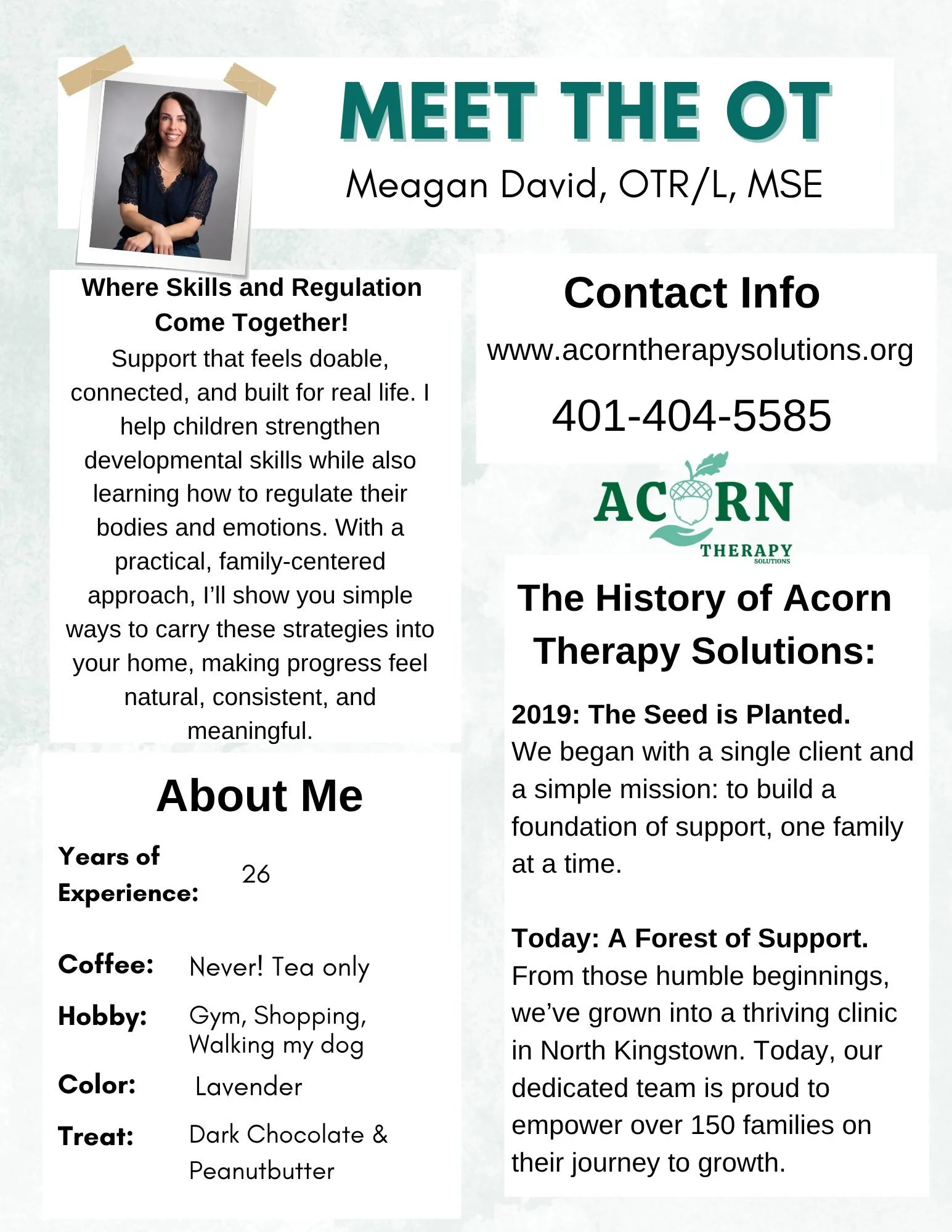 ✨Welcome to the Team, Meg! 🌰

We are so excited to officially welcome our newest Occupational Therapist, Meagan David, OTR/L, MSE, to the Acorn Therapy Solutions&reg; team!

A few of our families have already had the chance to meet Meg in person, an