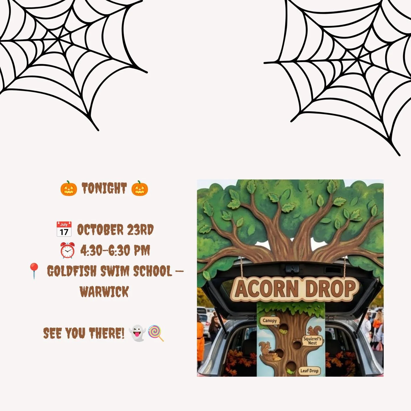 👻 TONIGHT 👻
We can&rsquo;t wait to trunk or treat with everyone! 

Keep an eye 👀 out for the ACORN DROP trunk game spotted in this post! 

📅 Tonight
⏰ 4:30&ndash;6:30 PM
📍 Goldfish Swim School &mdash; Warwick

See you there! 👻🍭

 #acorntherapy