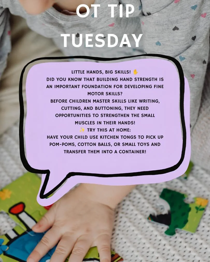 Tiny hands are working on BIG skills! 🌱✋

Occupational therapy is all about finding fun, meaningful ways to build the foundational skills children need for everyday activities.

Something as simple as playing with kitchen tongs can support hand stre