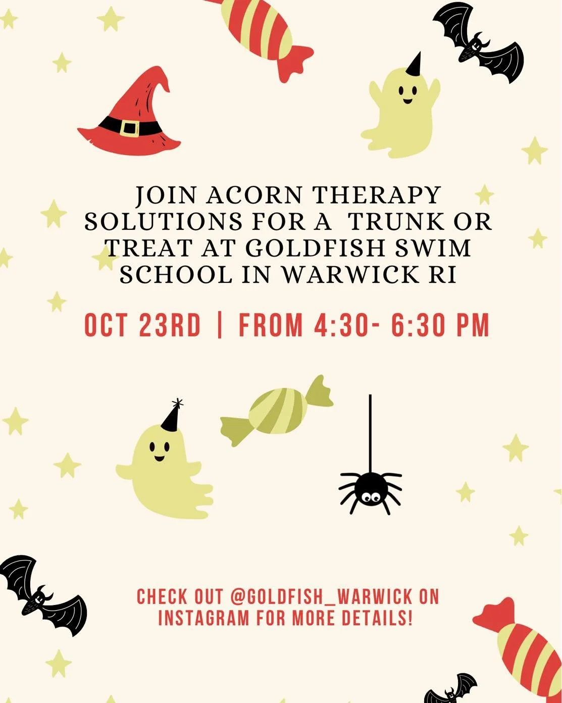 🎃 Tomorrow 🎃
We can&rsquo;t wait to trunk or treat with everyone! 

We&rsquo;re so excited to be participating in the Trunk or Treat at Goldfish Swim School in Warwick! 🍬✨ Stop by the Acorn trunk to say hi, meet some of our team, and grab some goo
