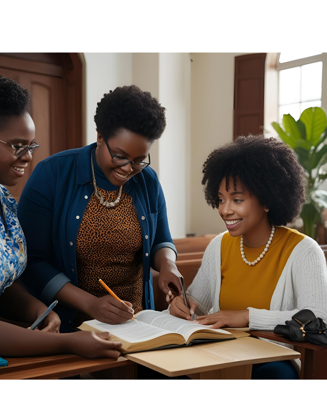 Three women of African descent smiling and taking notes as they look at an open book.