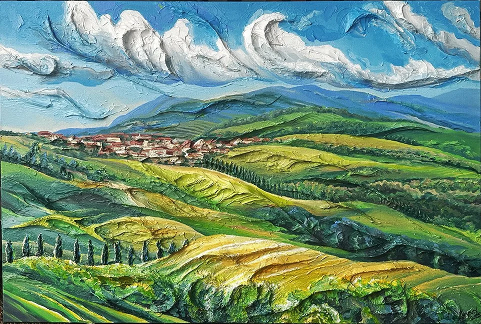 Clouds Over Tuscany,  30" x 24" Acrylic and paper on canvas