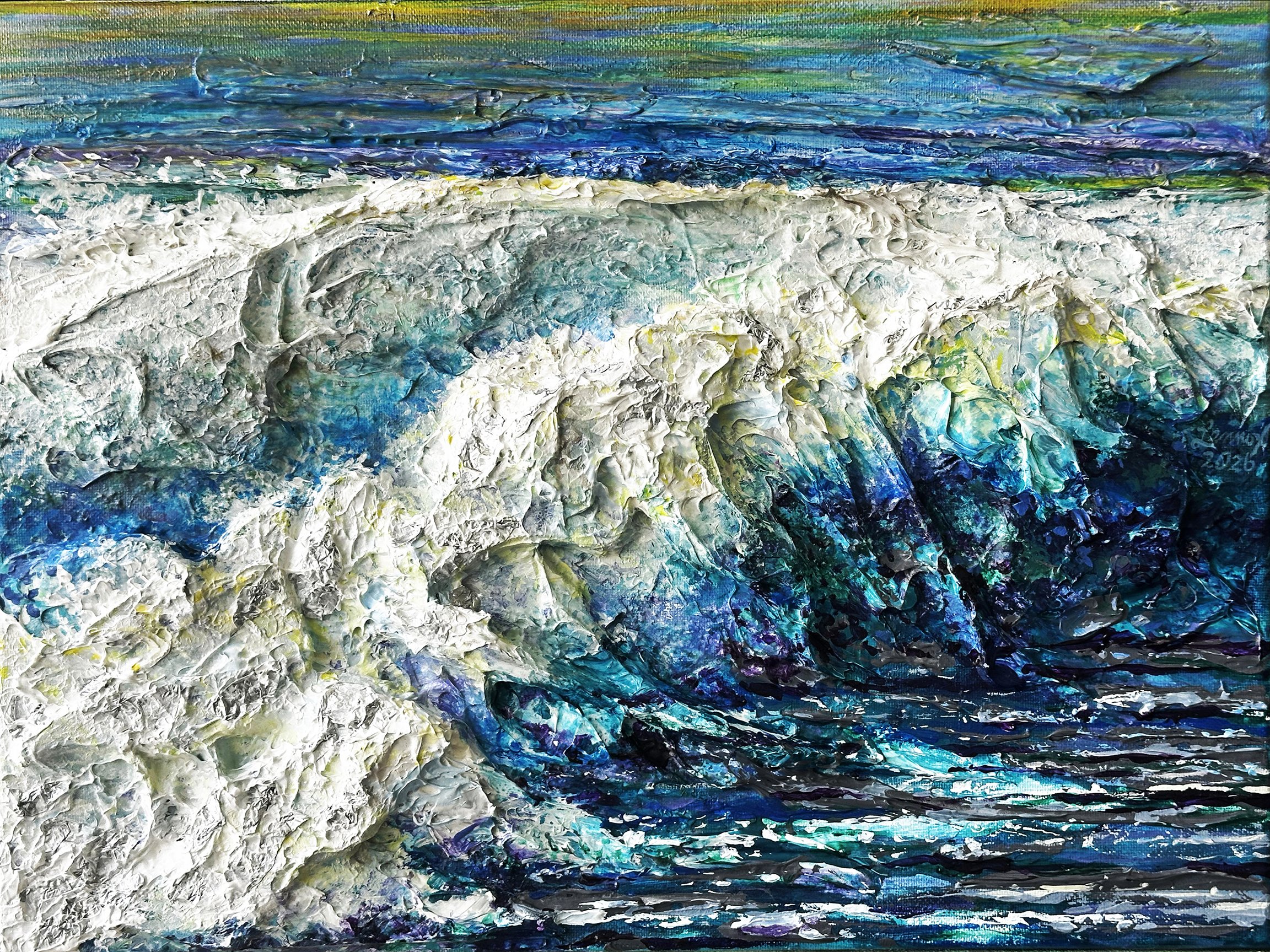 Wave Duet, 16" x 12" acrylic, wood & aluminum foil on canvas