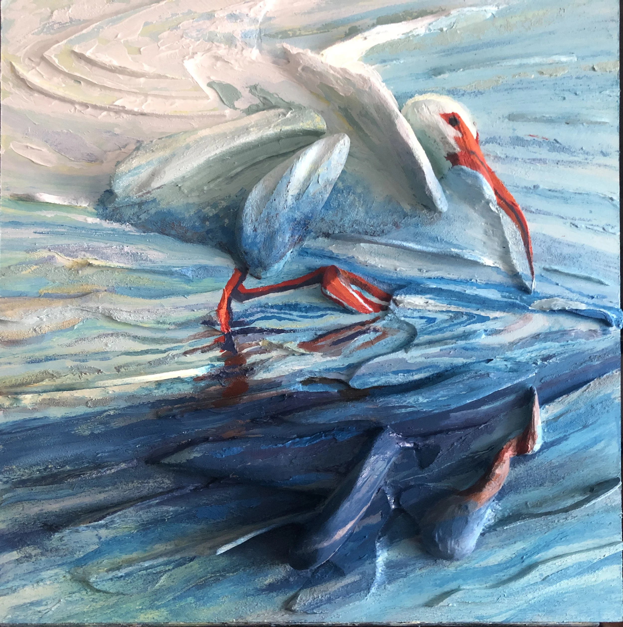 Ibis Wading, 24"x 24", Acrylic on Wood (SOLD)
The revered ibis of ancient Egyptian mythology gracefully wades in this ethereal setting. Its bright orange beak and feet are strong focal points to the lighter, cooler colors surrounding it.

