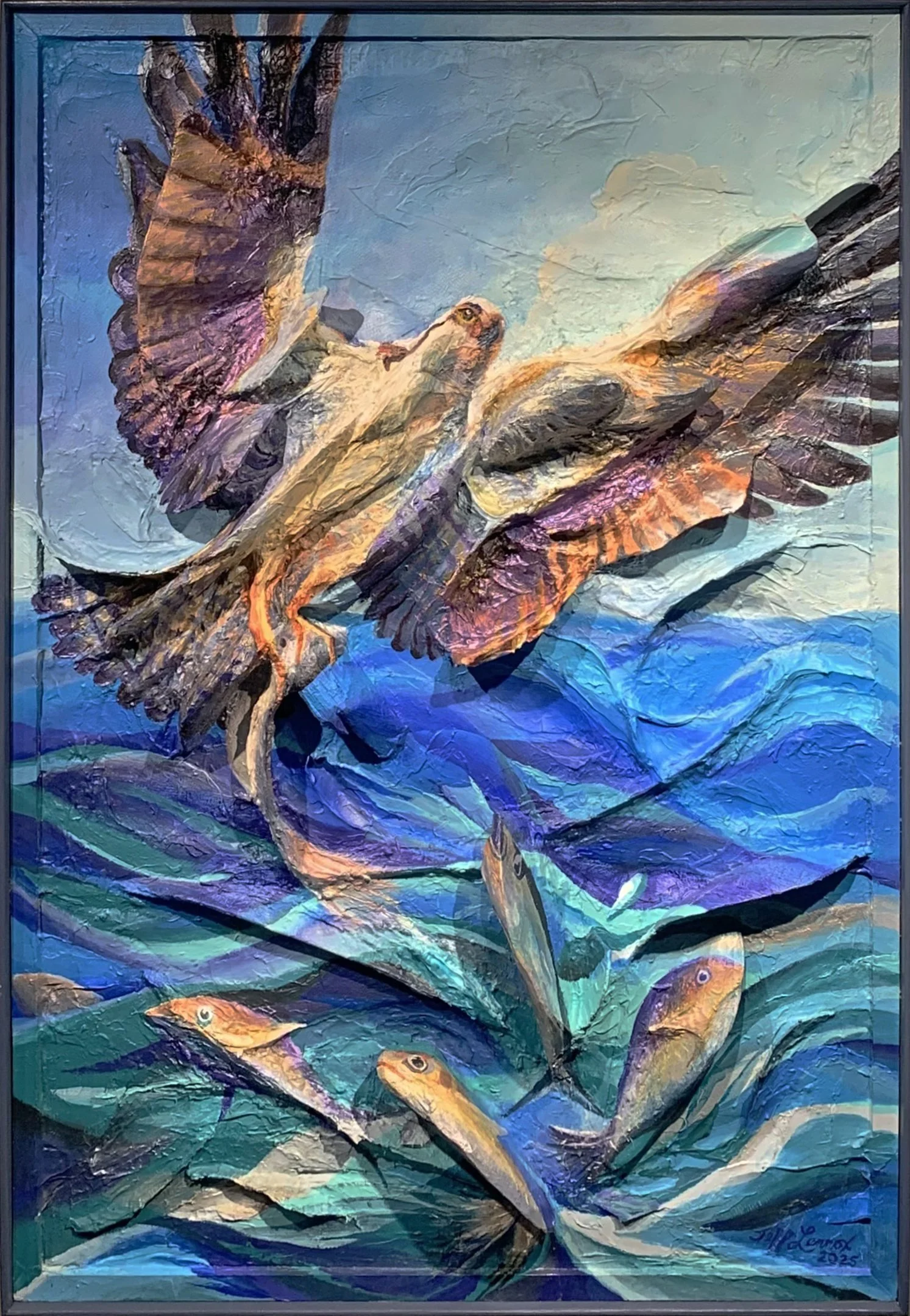 The Osprey's Catch, 37" x 24", Mixed media, acrylic on wood & wire.
Life is viewed from singular perspectives. Universal perspectives can only be imagined. In this work, the osprey represents death to the fish. The fish represent life to the osprey.