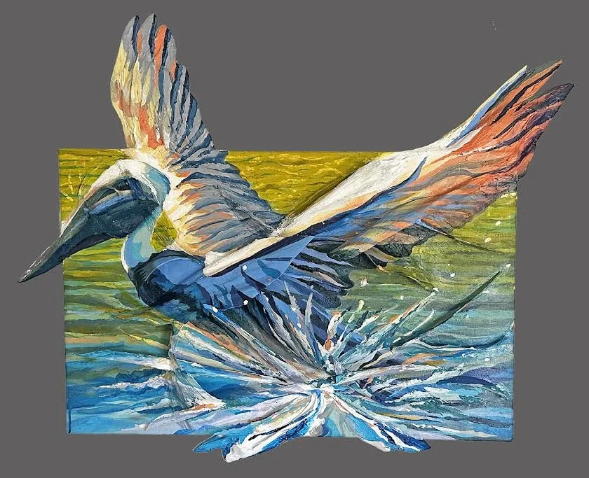 Pelican Splash, 35" x 28" acrylic and wood on canvas
