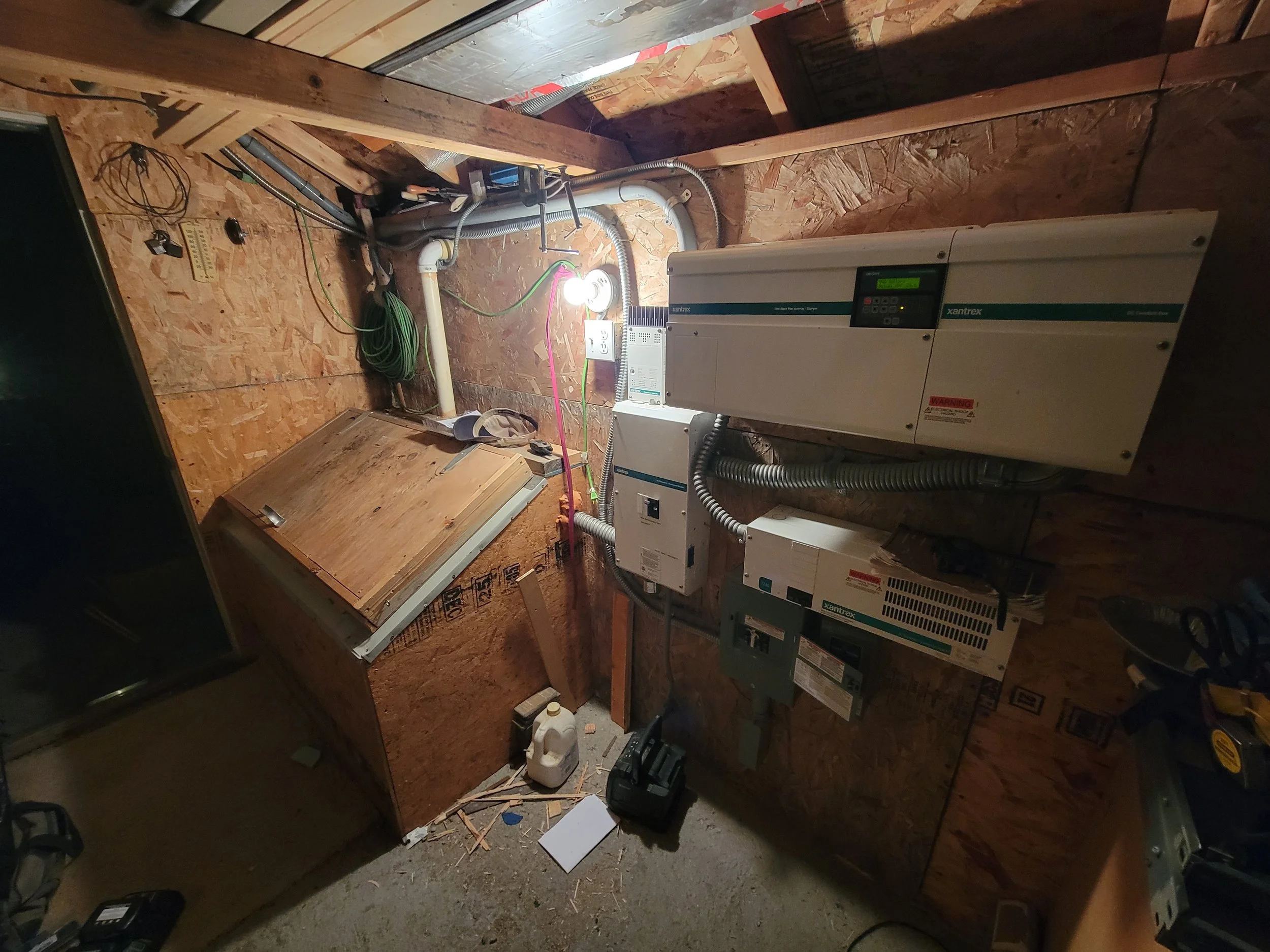 Electrical control panels and wiring on wooden walls in a utility room or basement