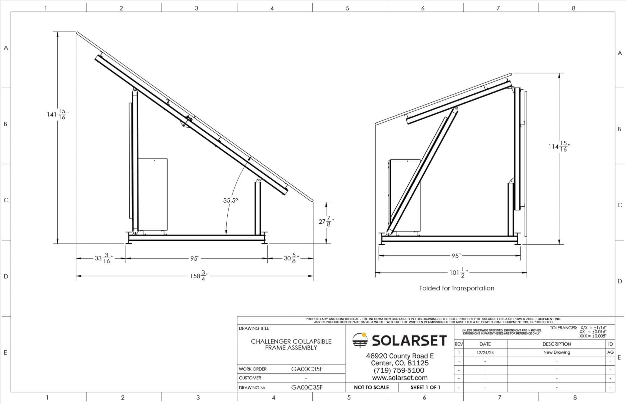 Technical engineering drawing of a solar panel system in a collapsible frame, showing side views with measurements, angles, and detailed specifications from SolarSet.