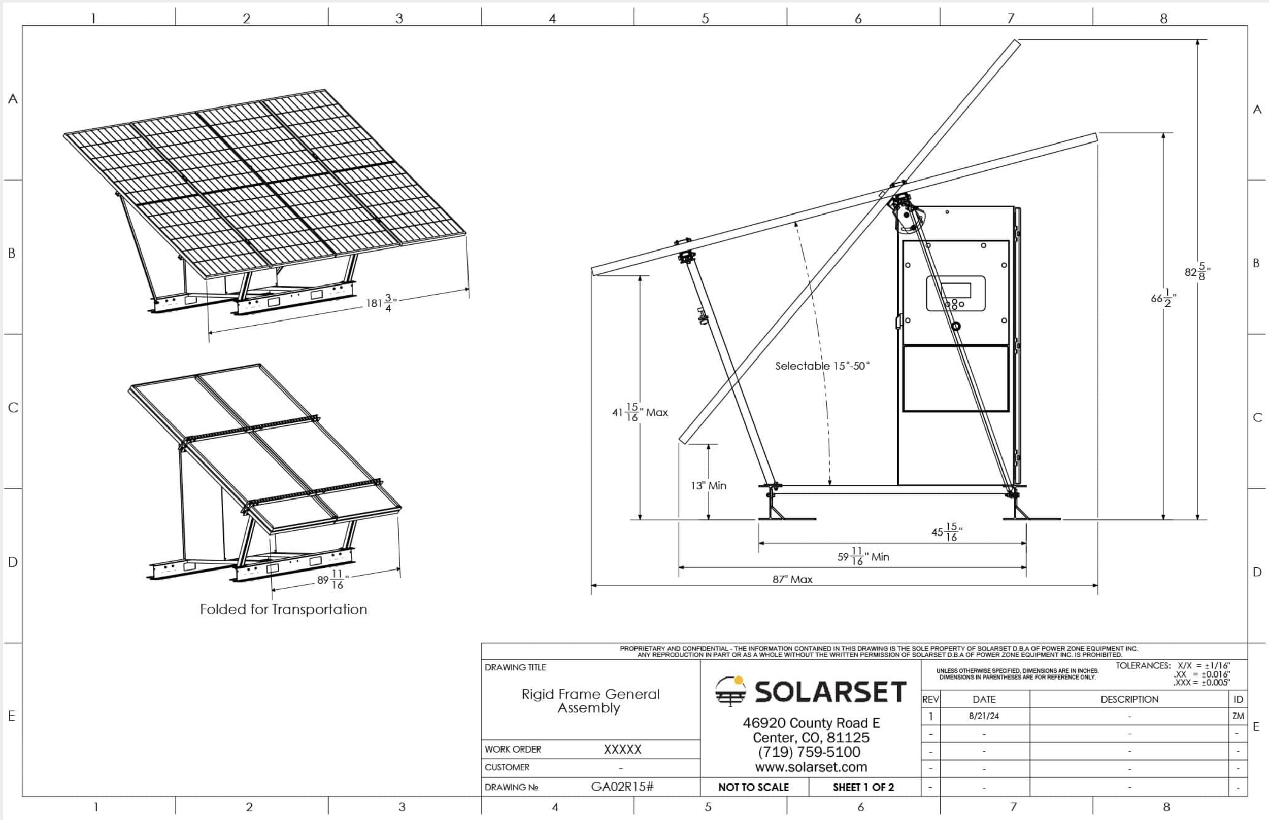 Technical engineering drawing of a solar panel mounting structure, showing front, side, and folded views with measurements and adjustable angles.