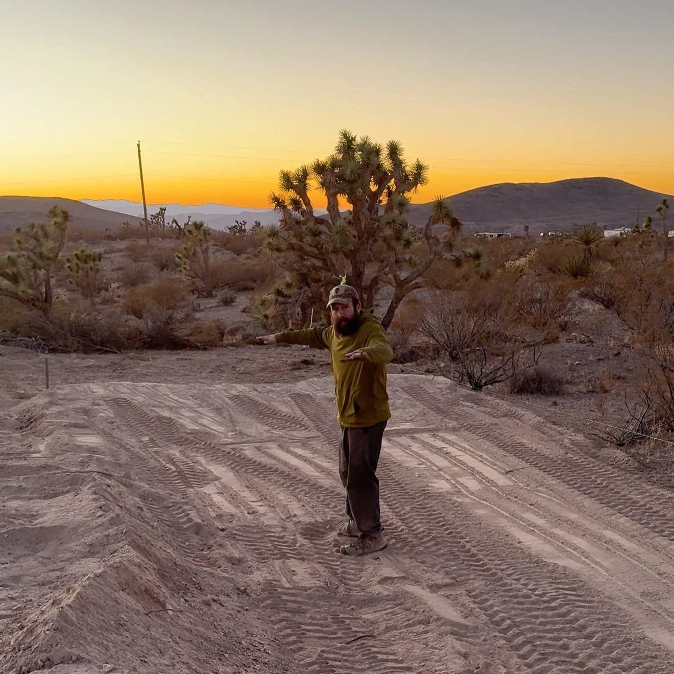A man standing in a desert landscape at sunset, with his arms outstretched. The scene features dirt tracks, desert shrubs, a lone Joshua tree, and distant mountains.