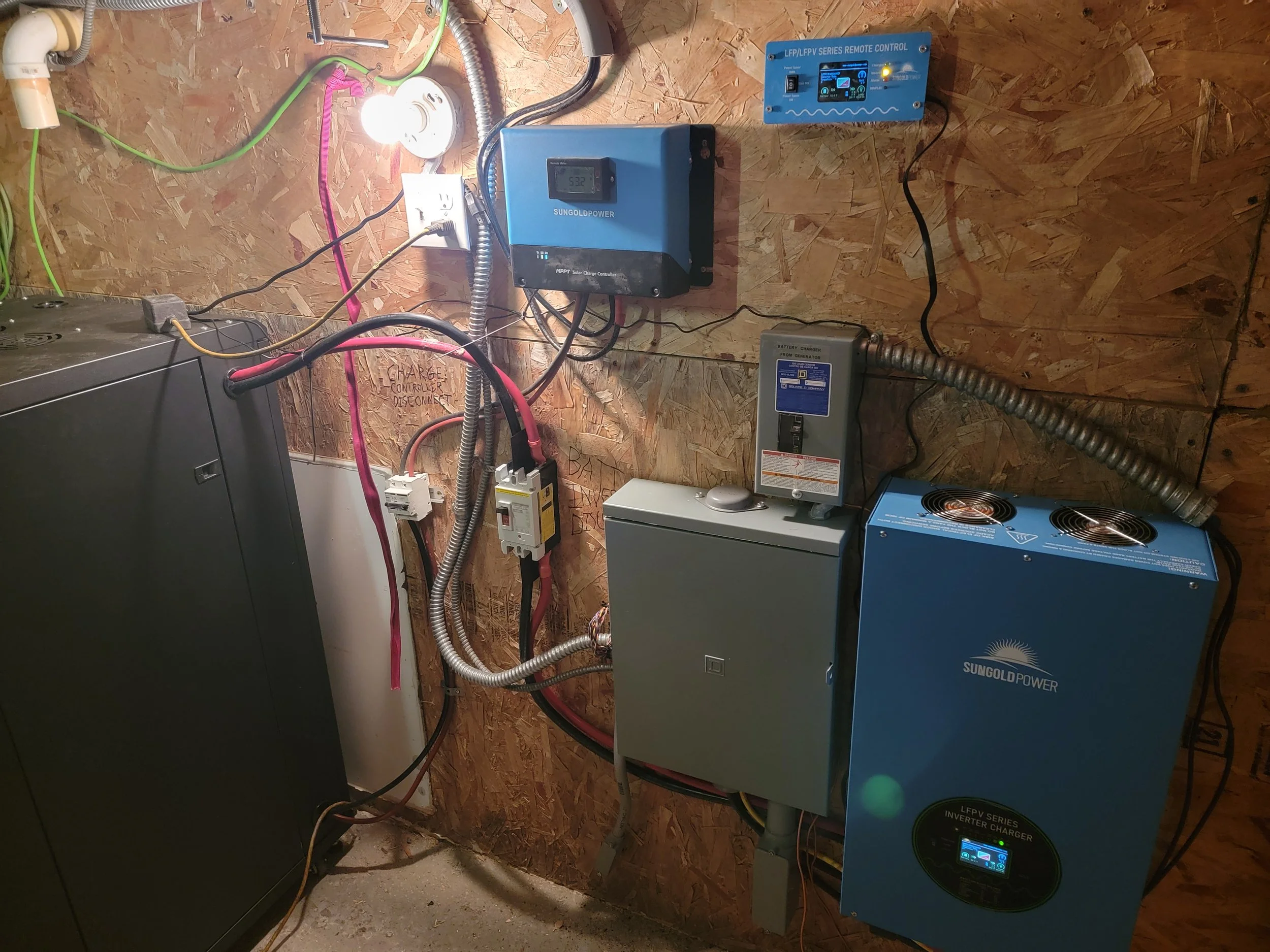 A solar power system with a solar charge controller, inverter, battery charger, and monitoring display, installed on a wooden wall.