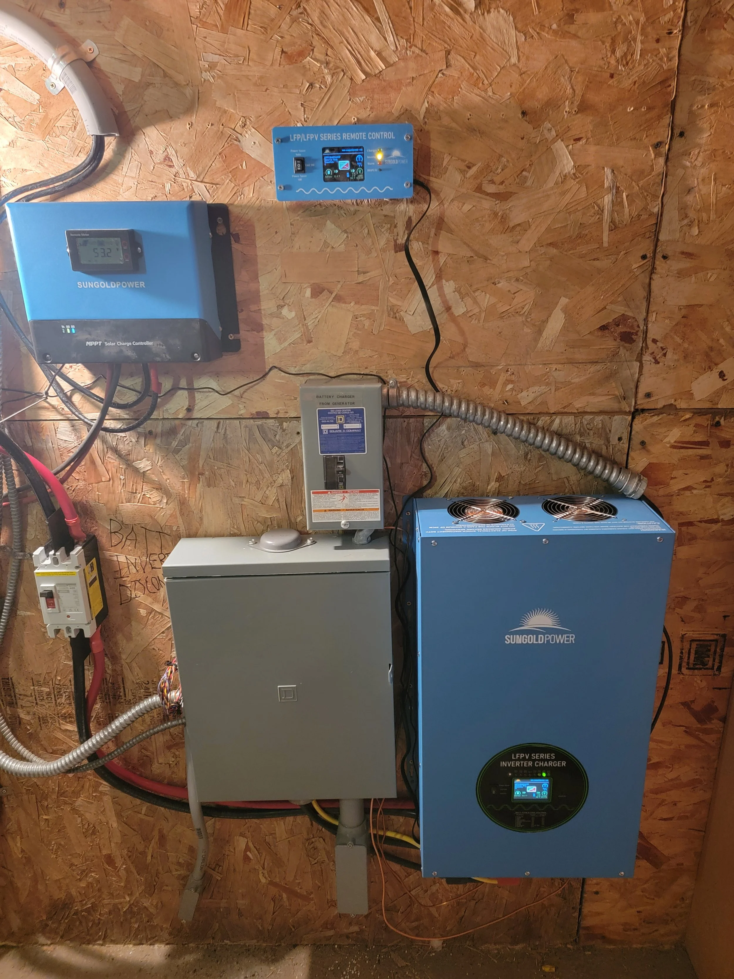 Electrical and solar power system components mounted on a wooden wall, including a solar charge controller, a remote control panel, a battery charger, and an inverter charger.