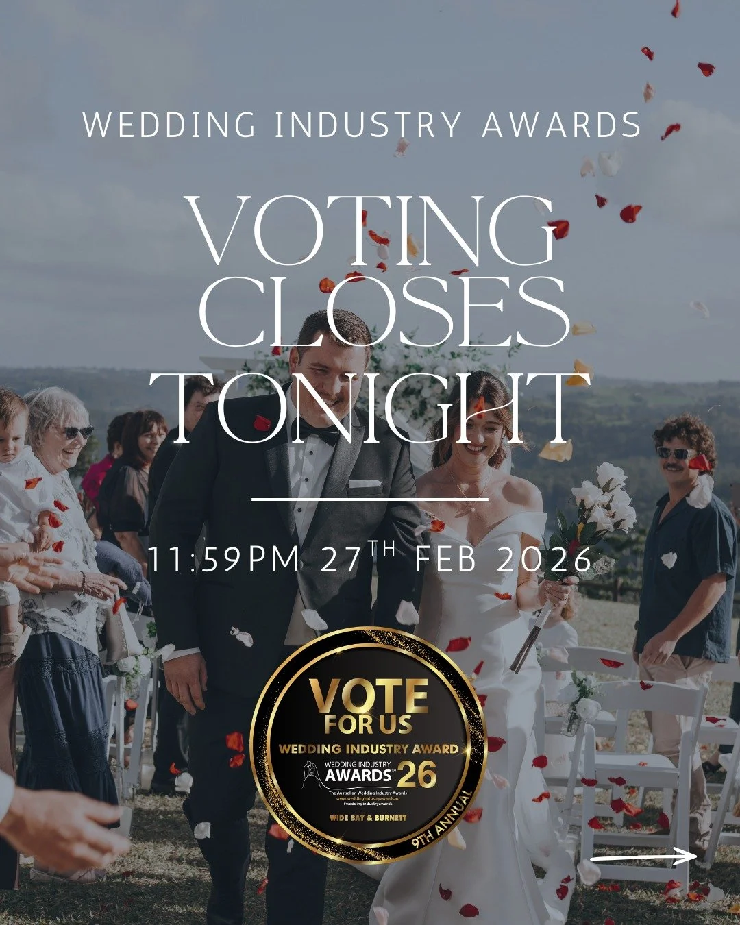 Tonight voting closes for the Wedding Industry Awards.

If I married you after 31st Jan 2025, I would genuinely love your vote. It truly does make a difference.

And regardless of anything, thank you for trusting me with your wedding day. It means mo