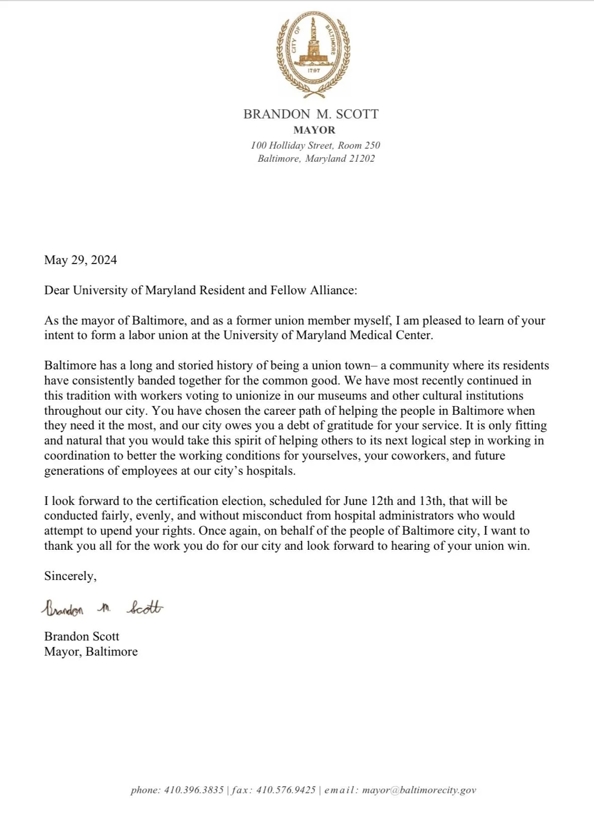 Support Letter from Baltimore Mayor Brandon Scott