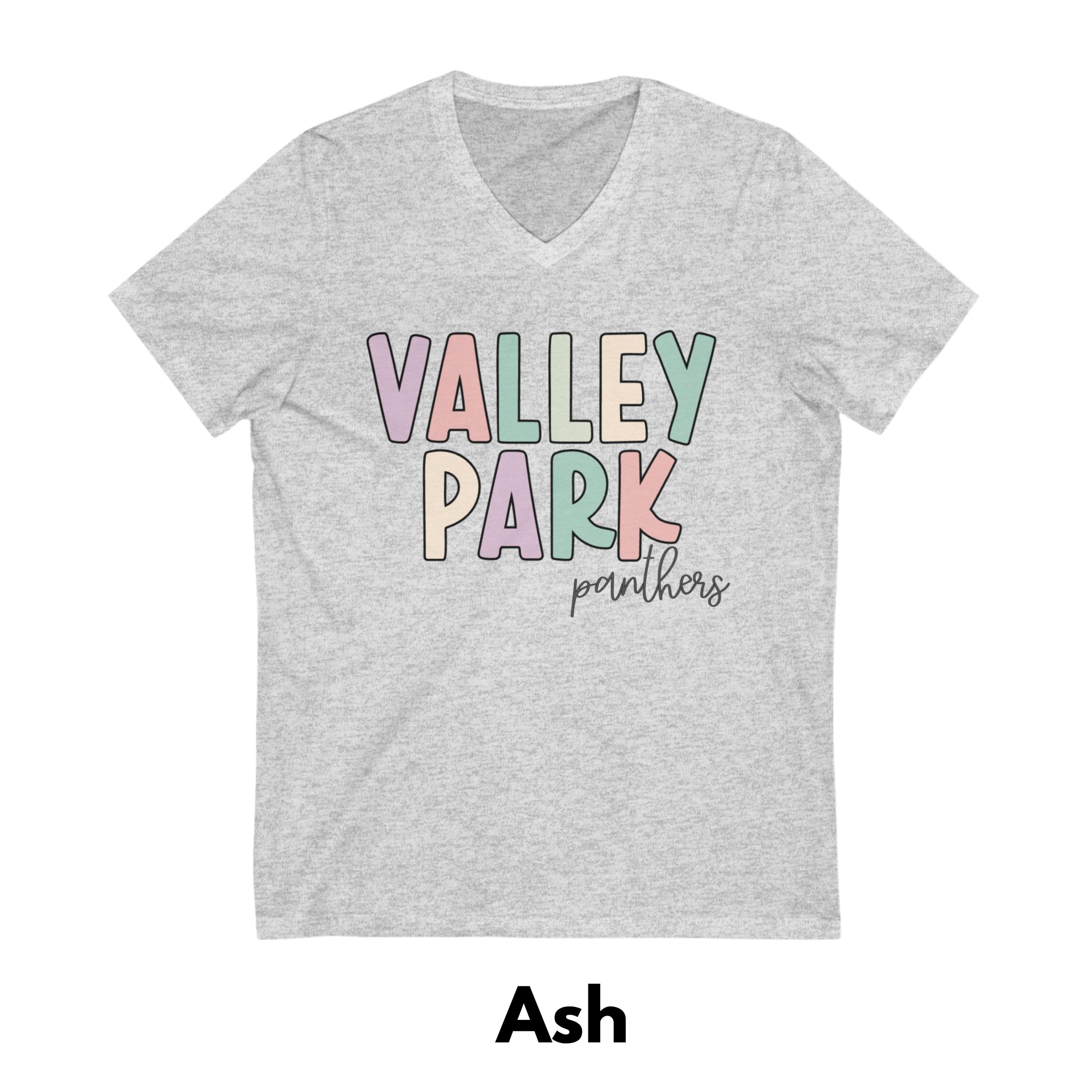 V-Neck Light Colors Adult Valley Park Cursive Rainbow LettersPanthers