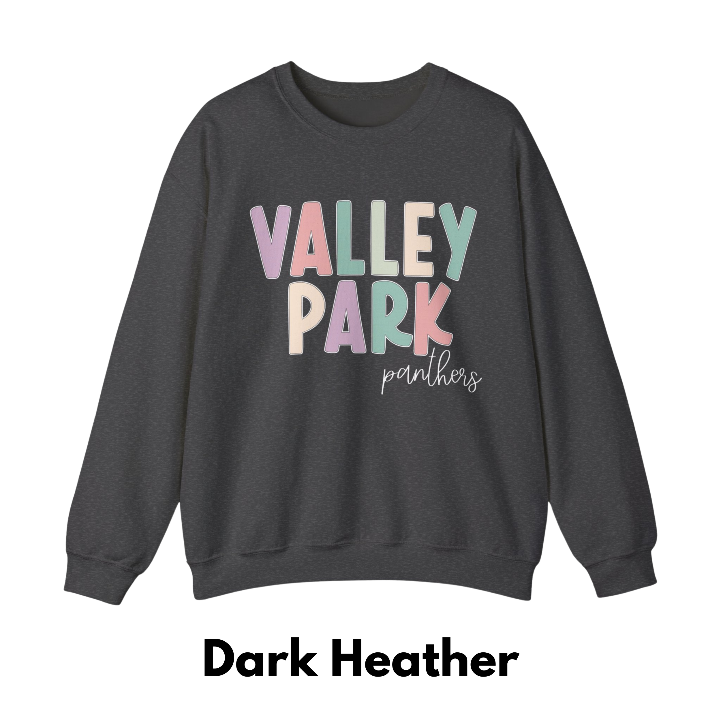 Adult Valley Park Panthers Cursive Rainbow Letters Crewneck