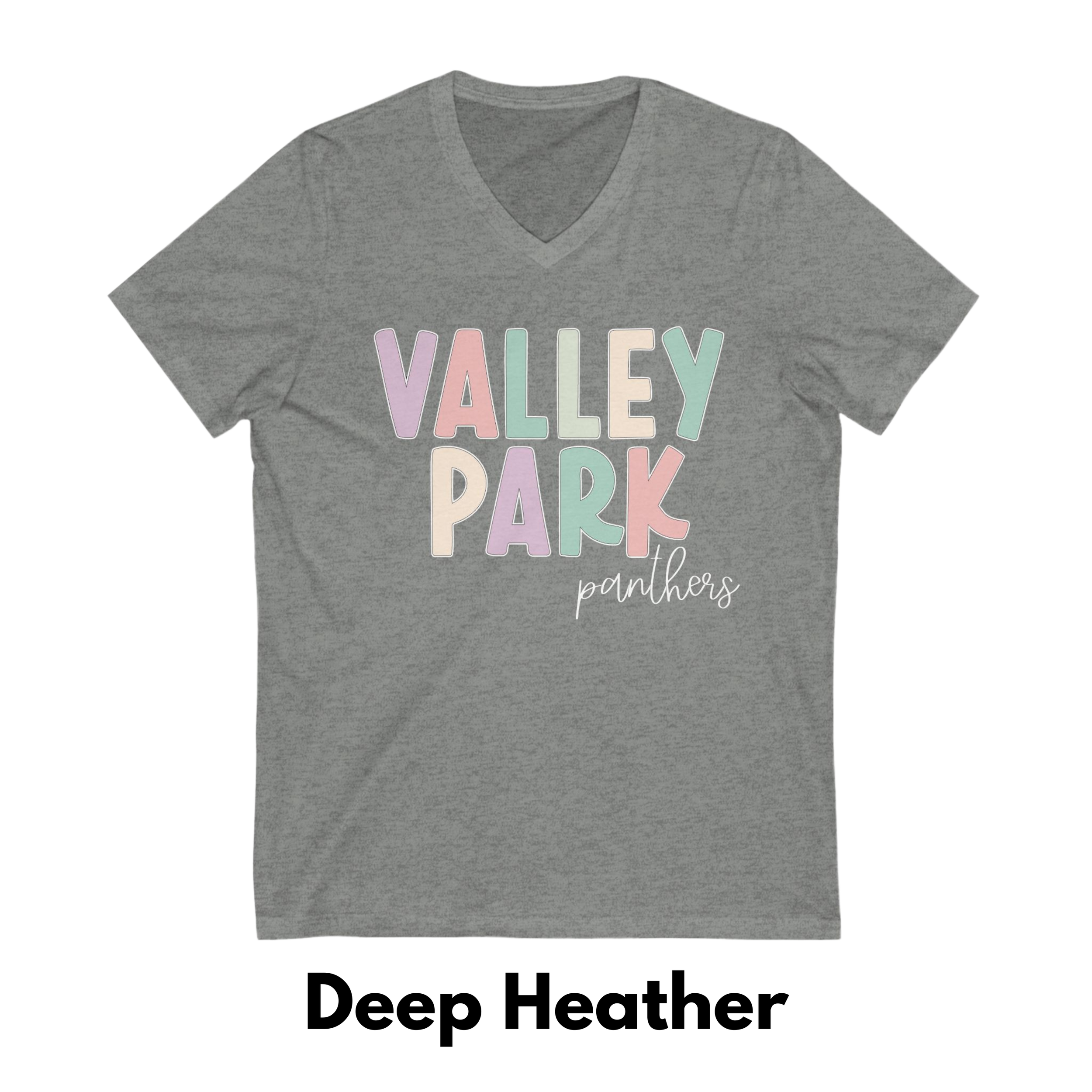 V-Neck Dark Colors Adult Valley Park Cursive Rainbow Letters Panthers