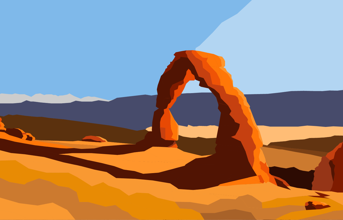 A digital illustration of a desert landscape featuring a large natural rock arch with a blue sky and distant mountains in the background.
