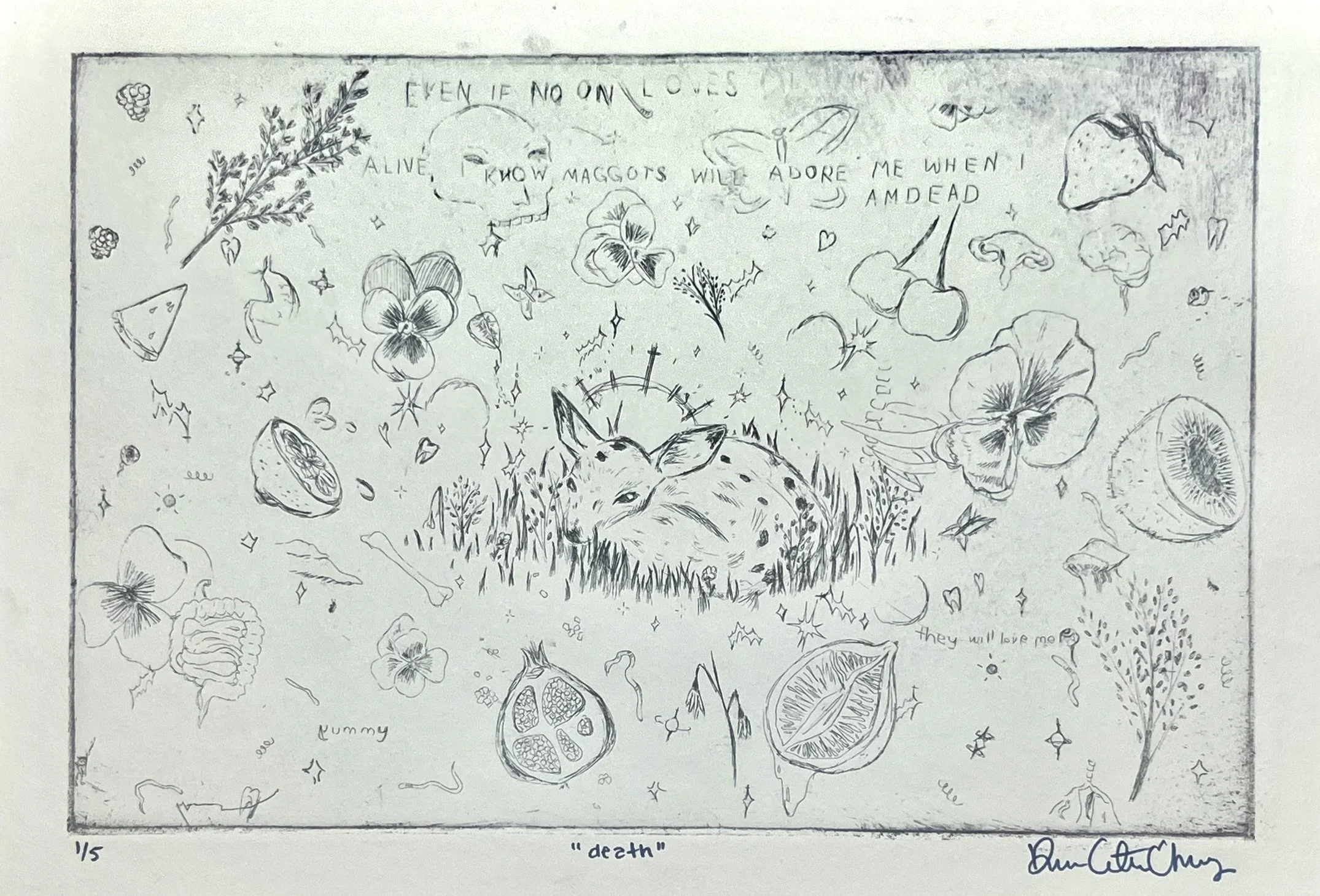 "Death"
| Etching
| 10"x 13"
| 2022

| "Death" was worked on a copper plate, and made into a series a five, varying in colors such as pink, green, blue, and red. All sold in exhibition. 