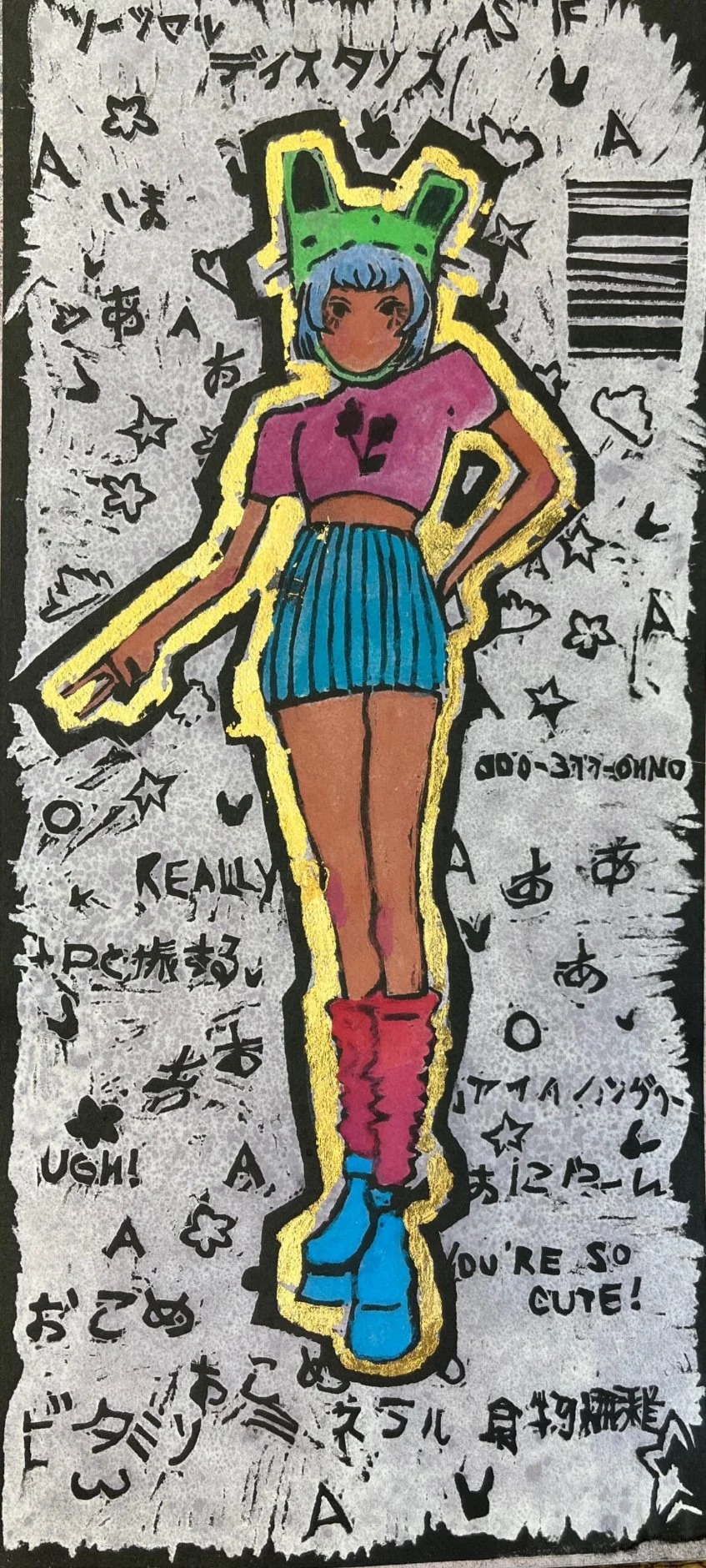 "No Mouth"
| Woodcut
| 17"x 5"
| 2021

| A print with a dyed background, watercolor in the figure, and foil wrapping around it. 