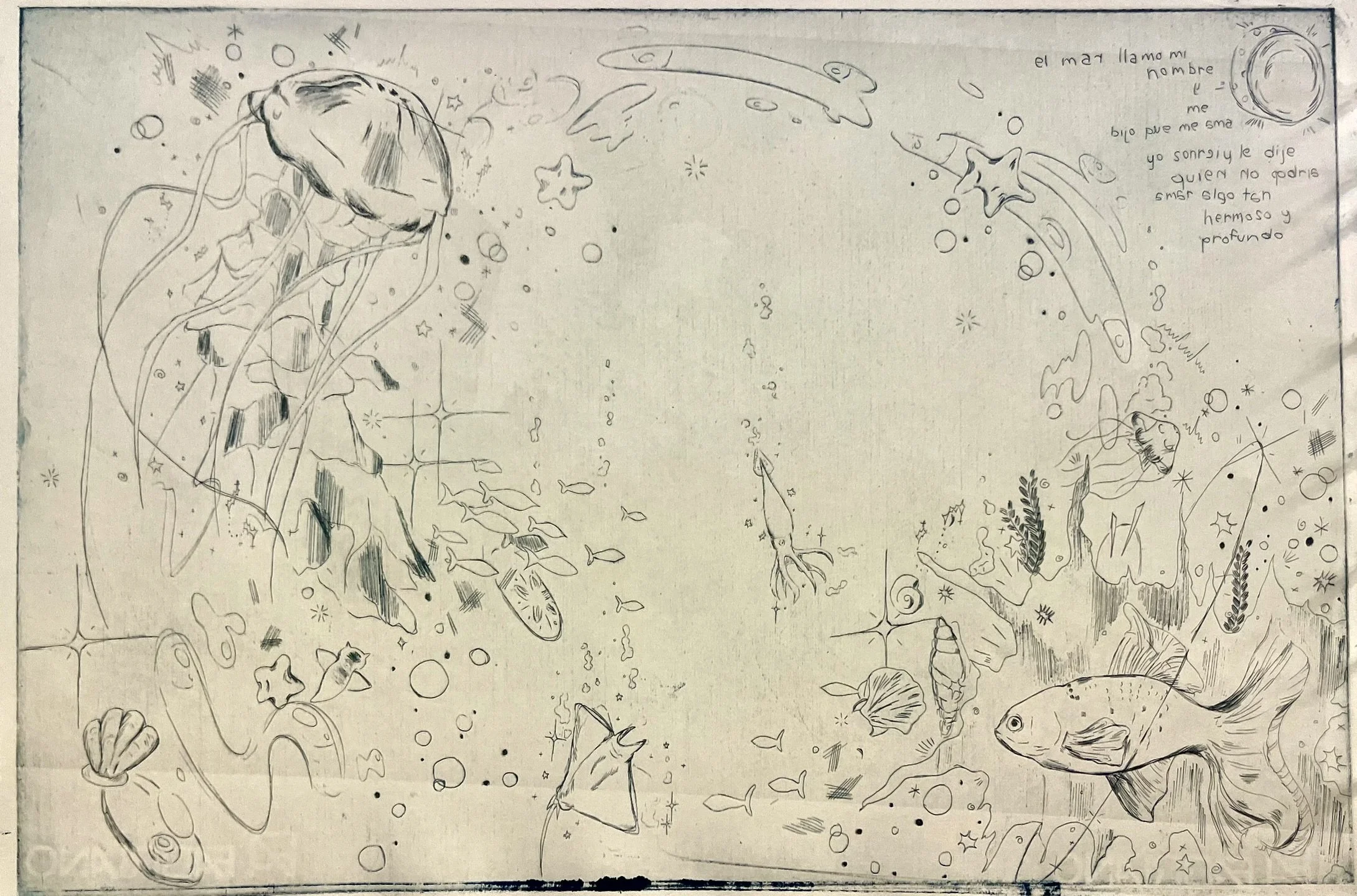 "Bajo El Mar"
| Etching
| 16"x 24"
| 2023

| An etching later made into an aquatint. Looking closely, you can see all the small, fine details made. 