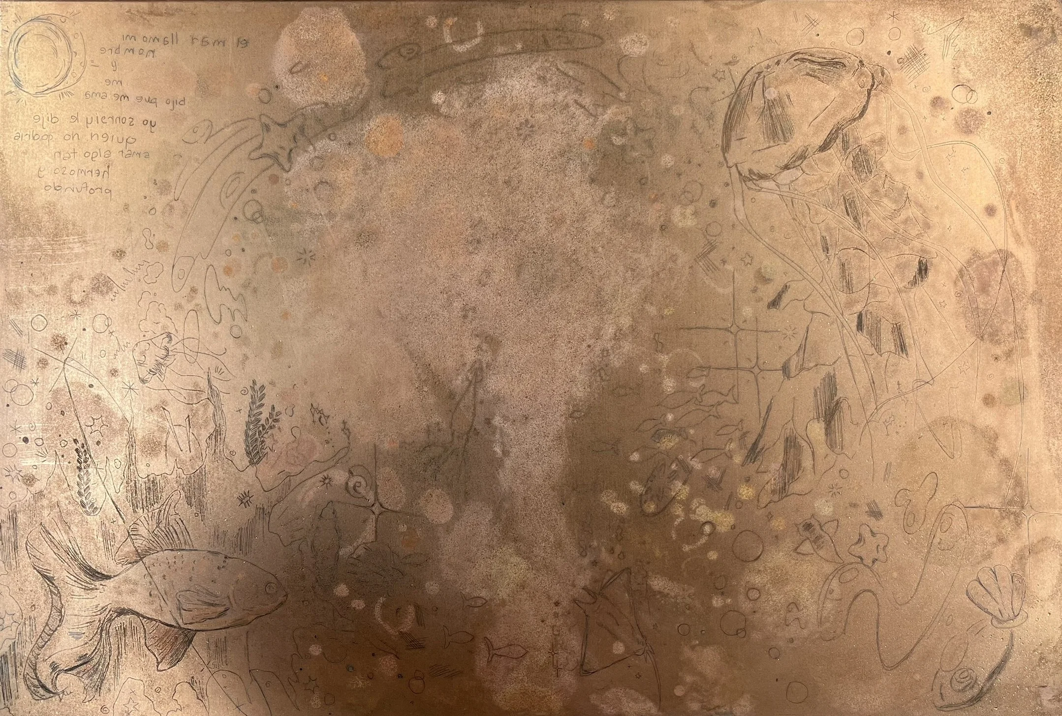 "Bajo El Mar"
| Aquatint
| 16"x 24"
| 2023

| Yet to be printed, this piece was made with nitric acid. 