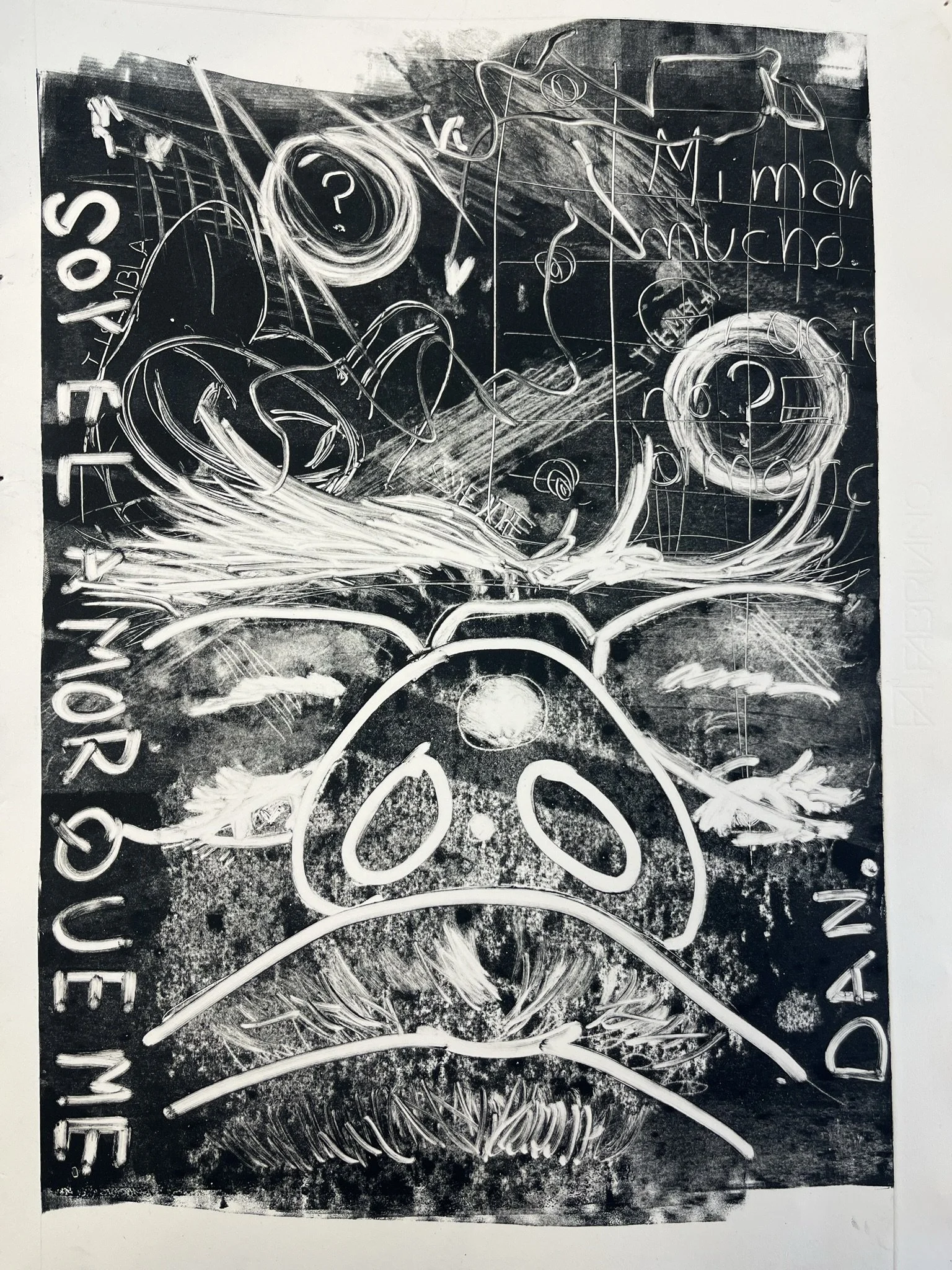 "Amor"
| Monoprint
| 17"x 8"
| 2022

| Made on an acrylic sheet and placed onto a cold press watercolor paper. 