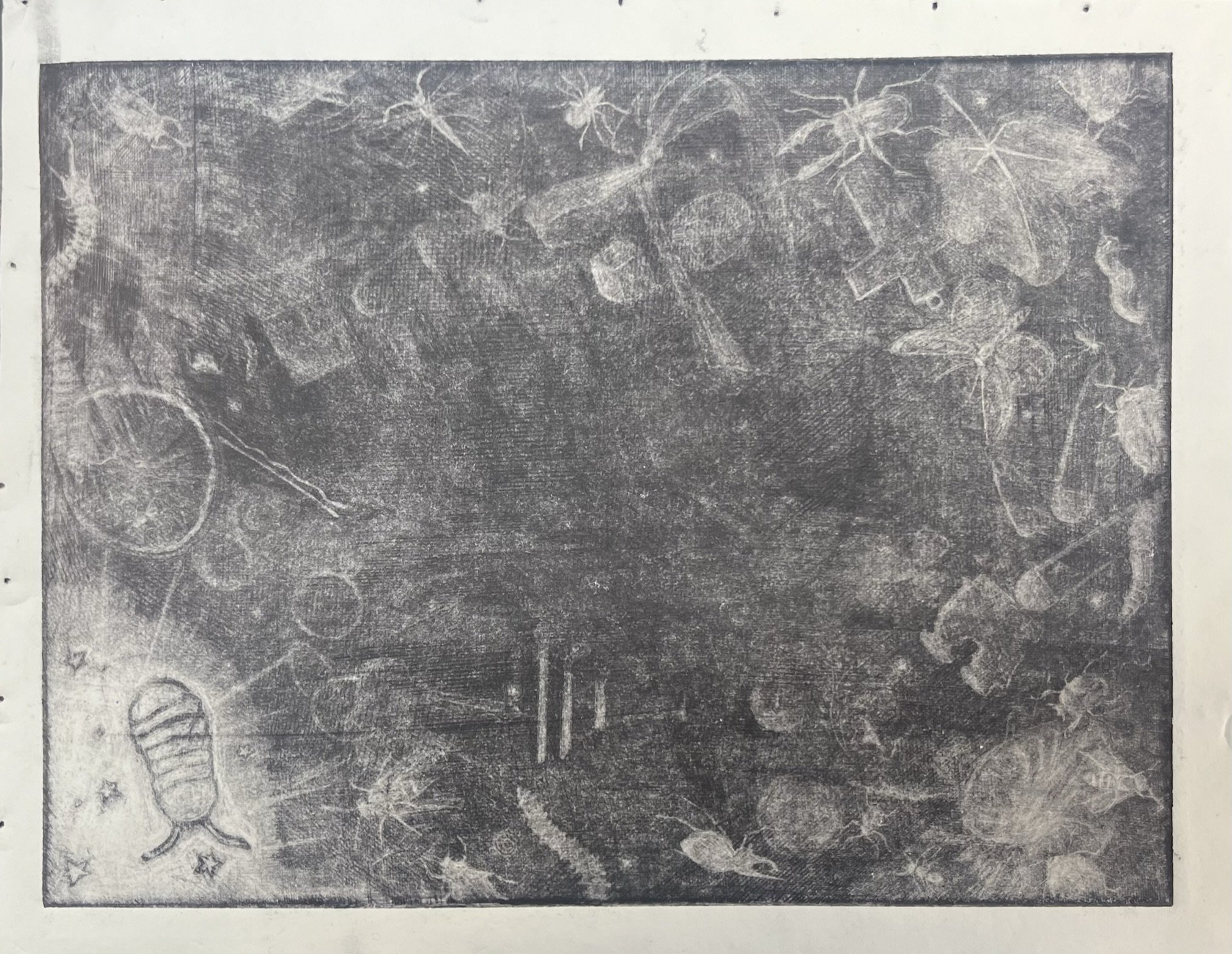 "Things In My Pocket"
| Mezzotint
| 7"x 9.5"
| 2023

| This mezzotint was worked on copper. The paper still has raw and uncut edges. 