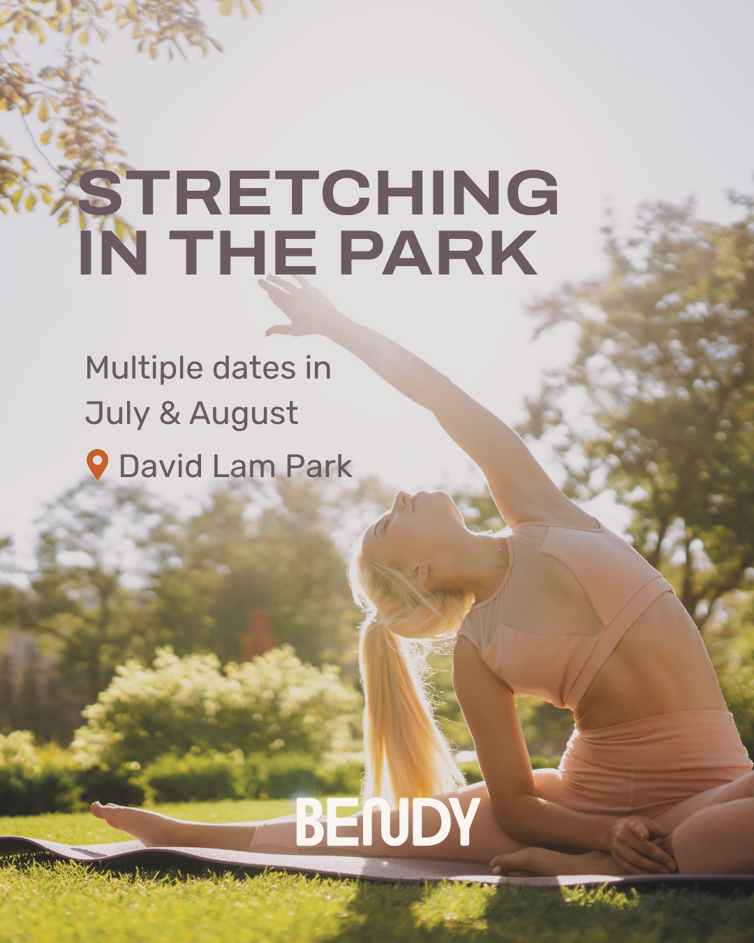 girl sitting on grass stretching in the park side stretch, sunny summer weather