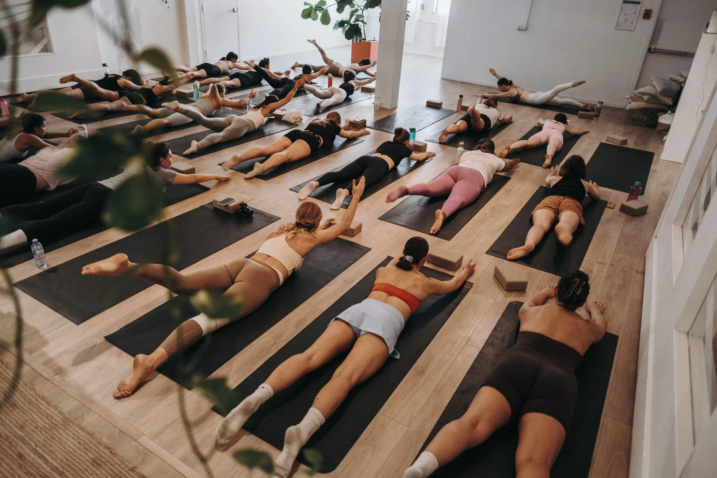 group stretching class, women laying on the floor doing back strengthening exercises