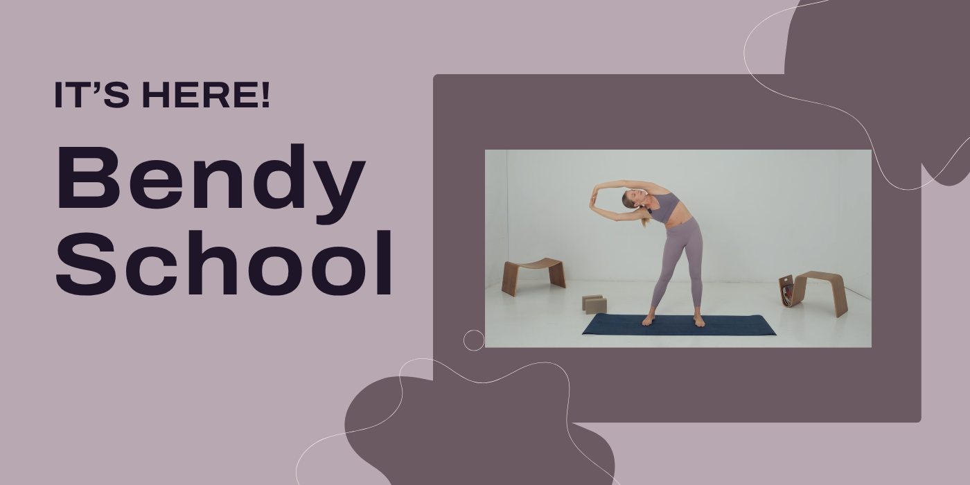 promotional banner for an on-demand stretching videos from bendy. stretching instructor doing a side body stretch