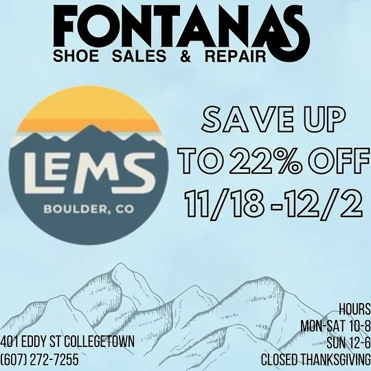 LEMS SALE! Save on all styles and colors in stock for men and women. #ithaca #ithacany #cornell #cornelluniversity #ithacacollege #fingerlakes #smallbusiness #sincebeforeyouwereborn