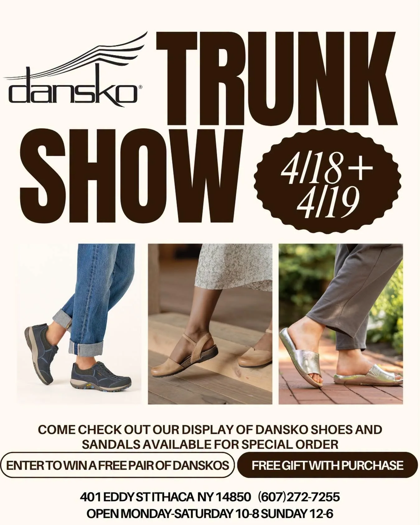 Check out our Dansko trunk show display, up today and tomorrow. We will have new styles on display that we can size you for and special order for you! 🥿👡👟