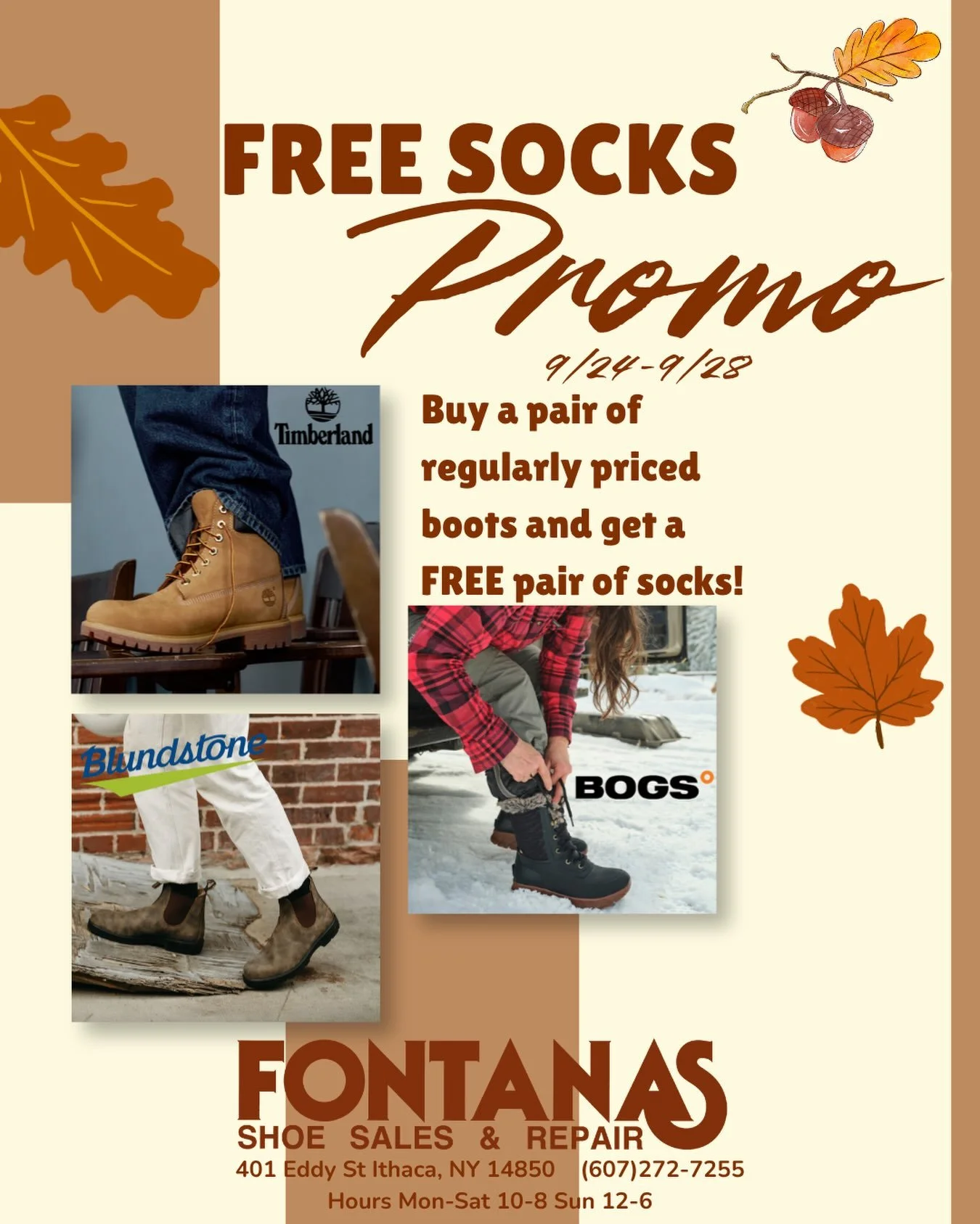 FREE SOCK PROMO! Our new boot selection is amazing! Check us out. Open 12-6 today. #ithaca #cornell #cornelluniversity #fingerlakes
