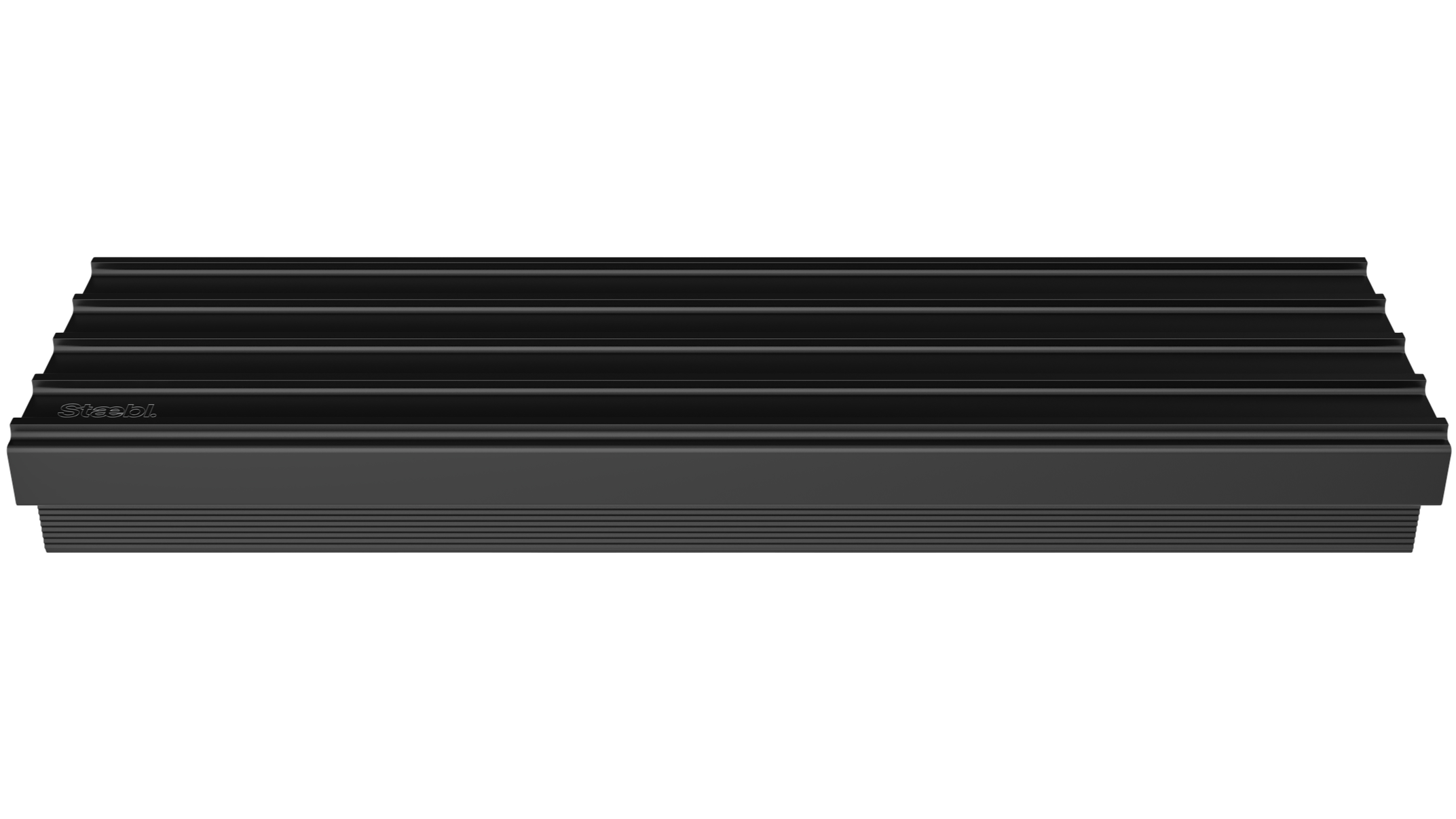 Black and gray metallic audio amplifier with horizontal ridges and the brand name 'Stebel' on the front.