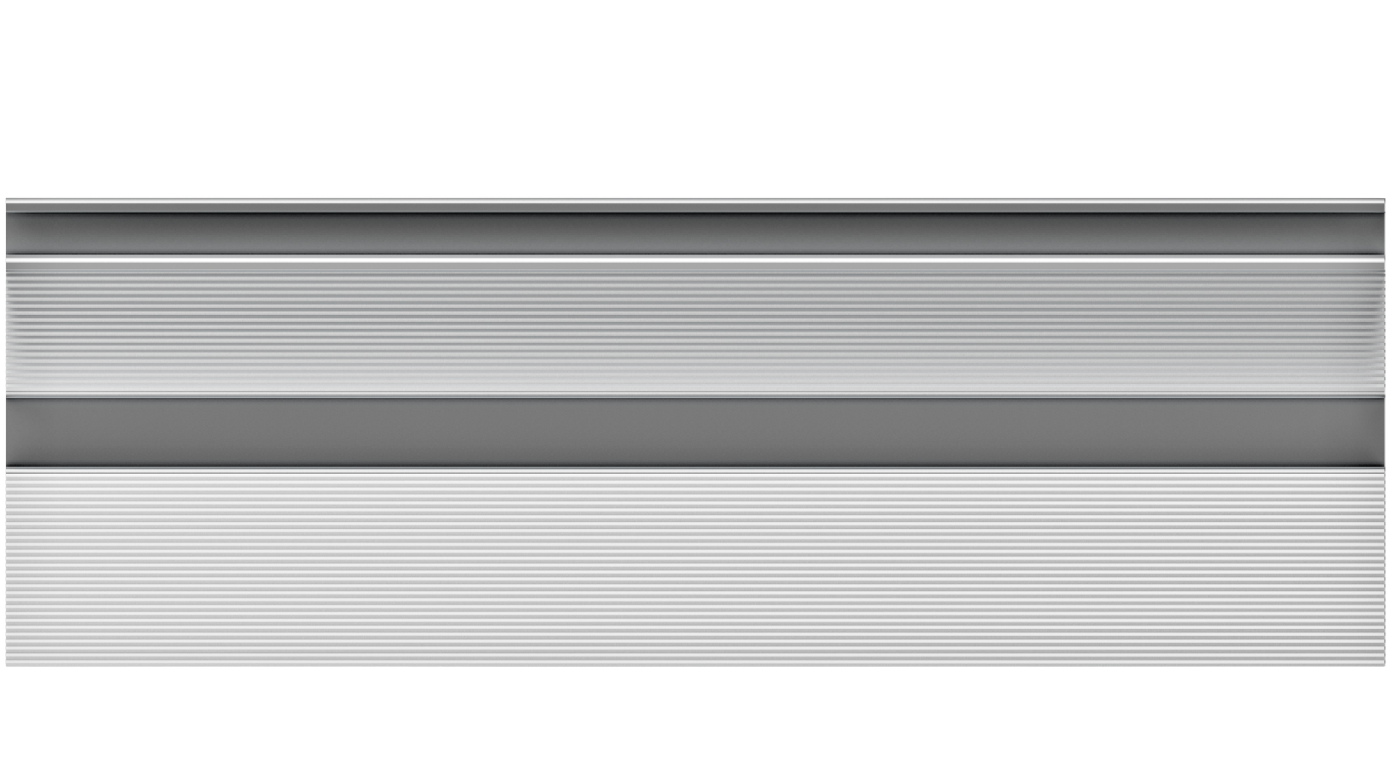 Underside view of Staebl Knoll® Areté Stair Edging & Trim in Silver Day, manufactured from 100% verified recycled aluminium, extruded & stretched then anodised with to 20µm. Installed on top of Stair Tread for Carpet & Floor Covering insertion.