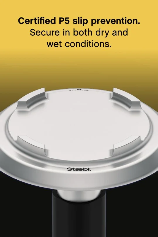 Close-up of a Staebl P5 slip prevention on recycled Aluminium and 316SS Discrete Tactile Ground Surface Indicator (TGSI), with text above reading 'Certified P5 slip prevention. Secure in both dry and wet conditions.'